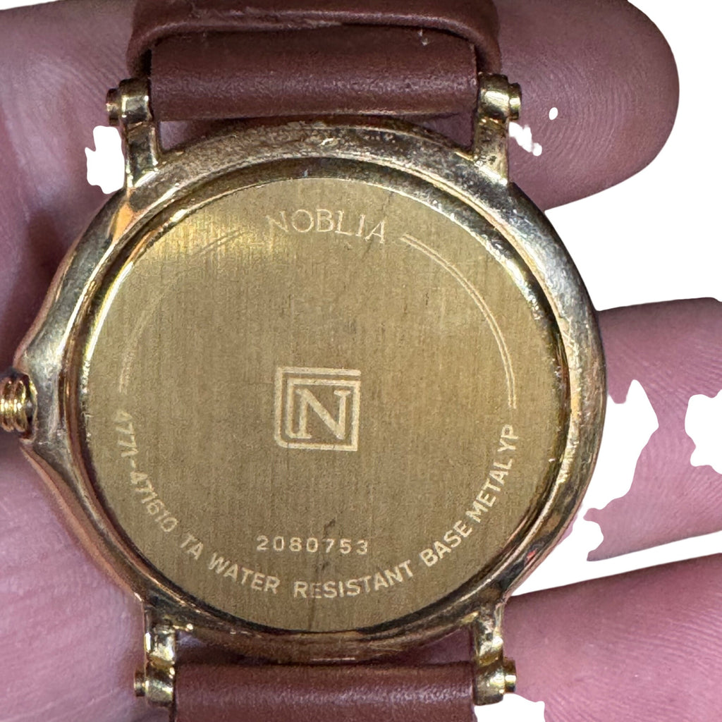 Citizen Noblia Mens Gold-Tone Watch Blue Dial Brown Leather Roman Numerals Japan
