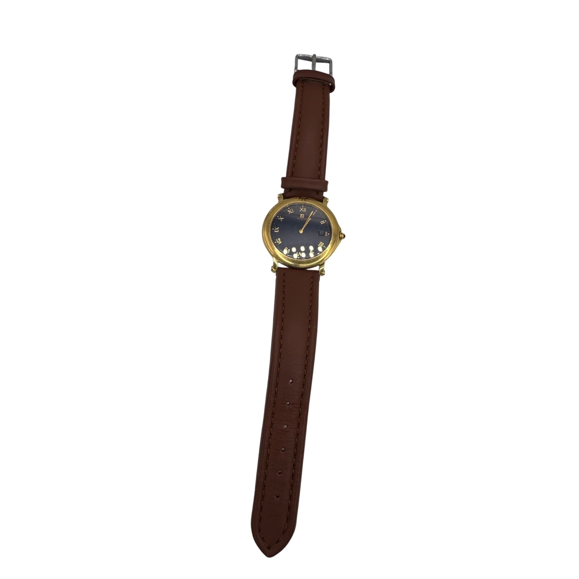 Citizen Noblia Mens Gold-Tone Watch Blue Dial Brown Leather Roman Numerals Japan
