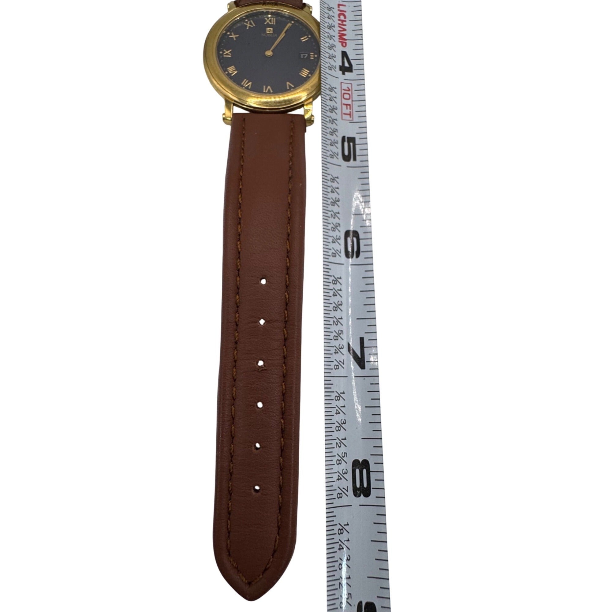 Citizen Noblia Mens Gold-Tone Watch Blue Dial Brown Leather Roman Numerals Japan