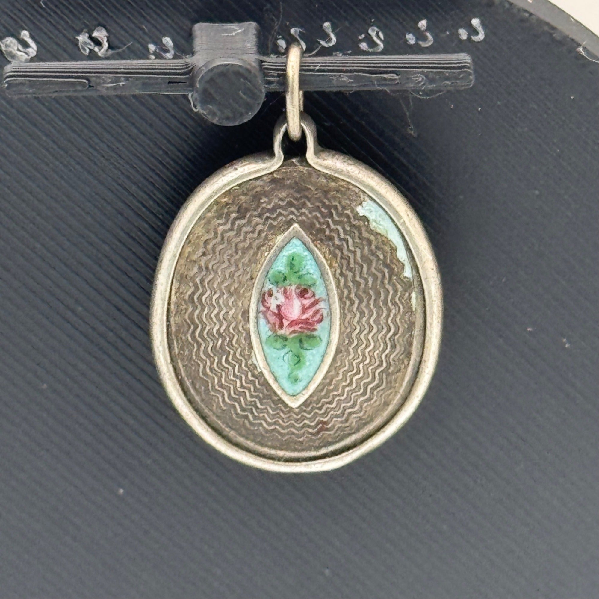 Guilloche Antique Virgin Mary Pendant Sterling enamel back religious Medal Charm