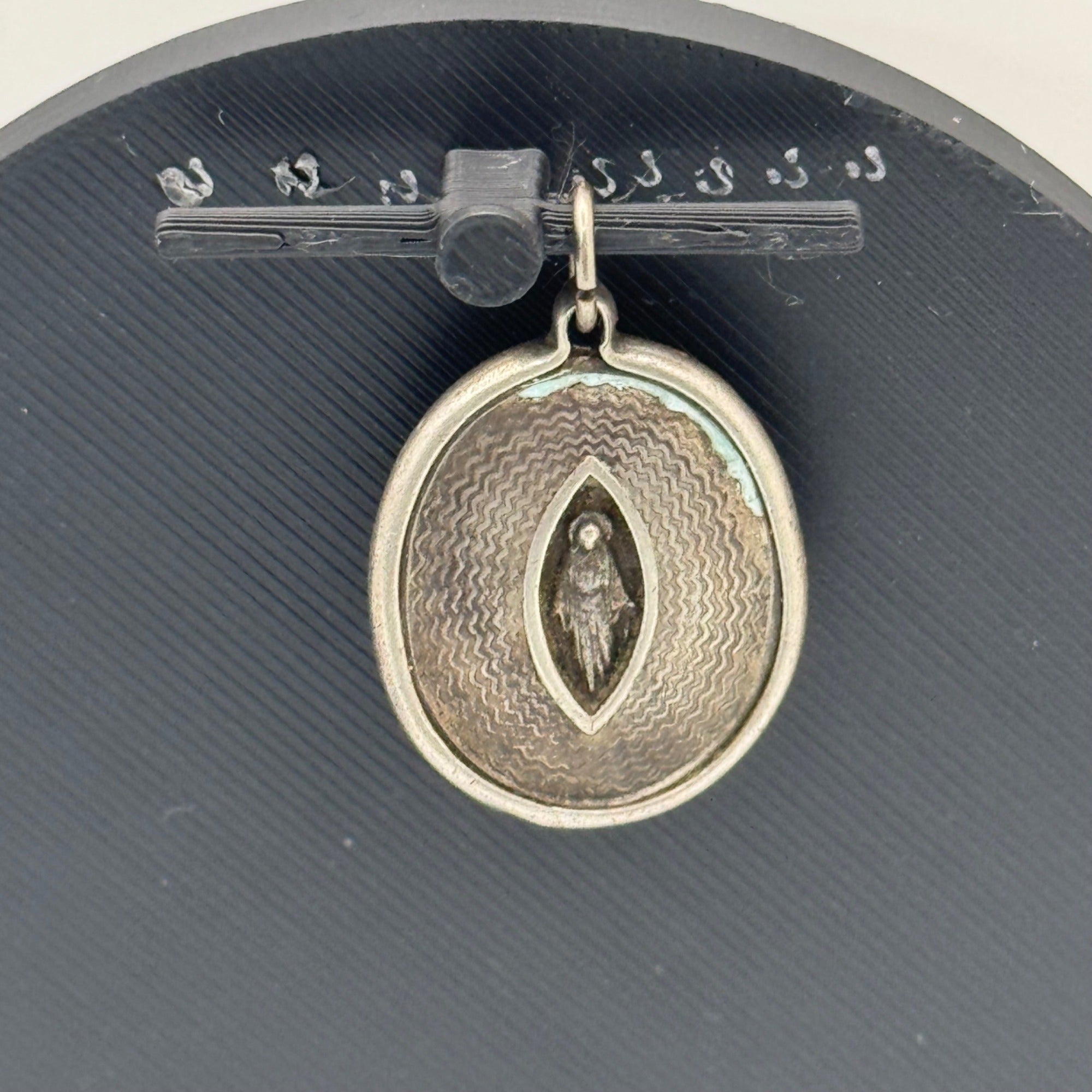 Guilloche Antique Virgin Mary Pendant Sterling enamel back religious Medal Charm