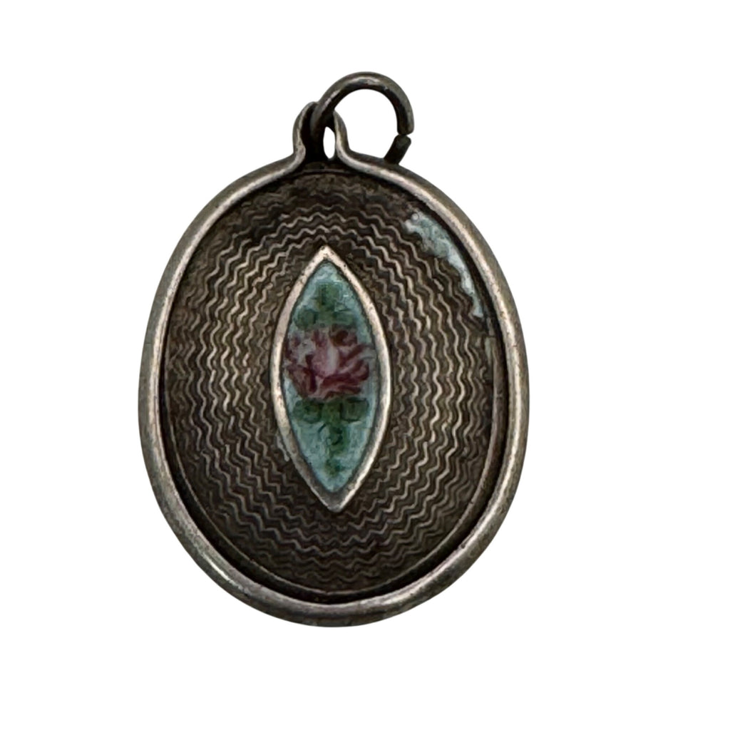 Guilloche Antique Virgin Mary Pendant Sterling enamel back religious Medal Charm
