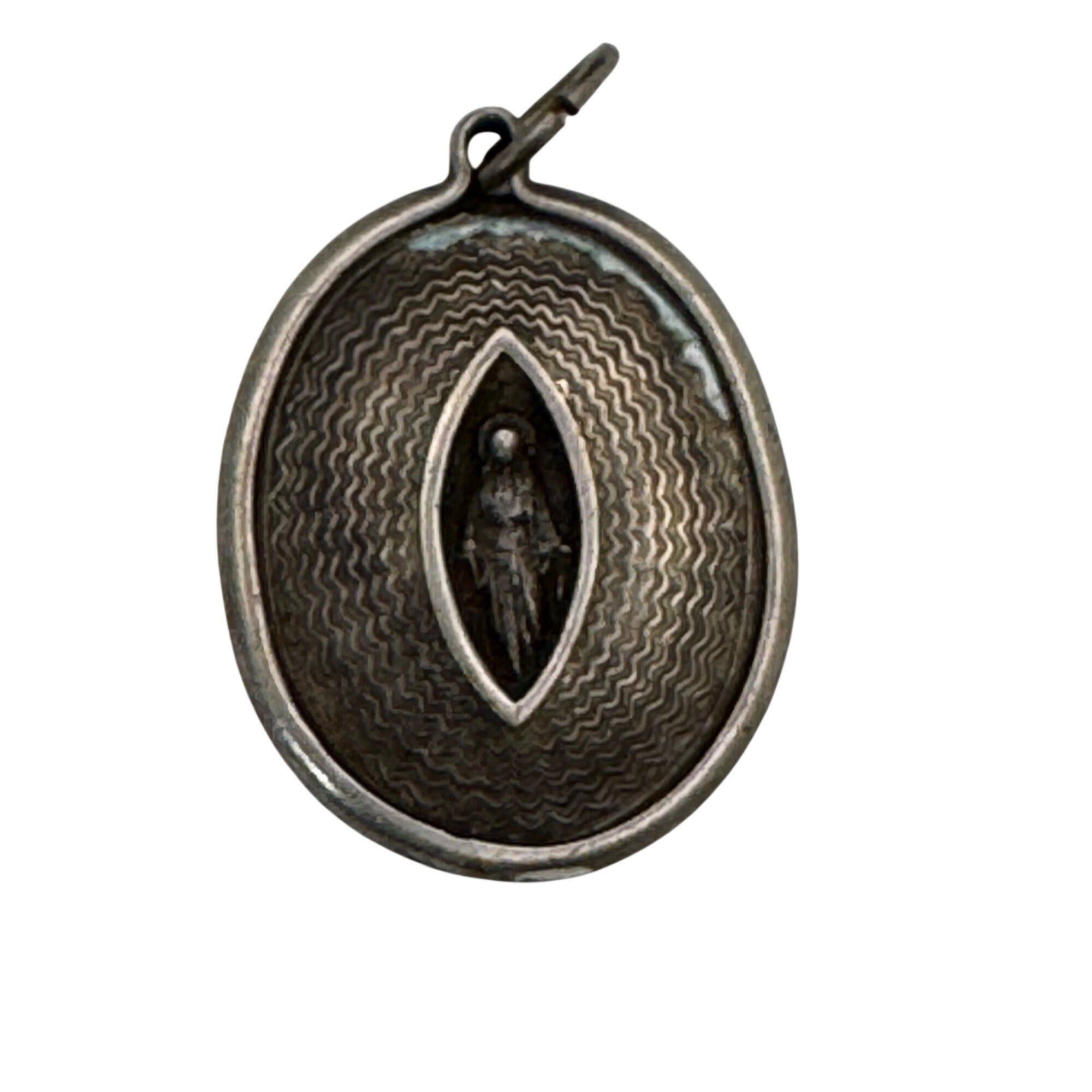 Guilloche Antique Virgin Mary Pendant Sterling enamel back religious Medal Charm