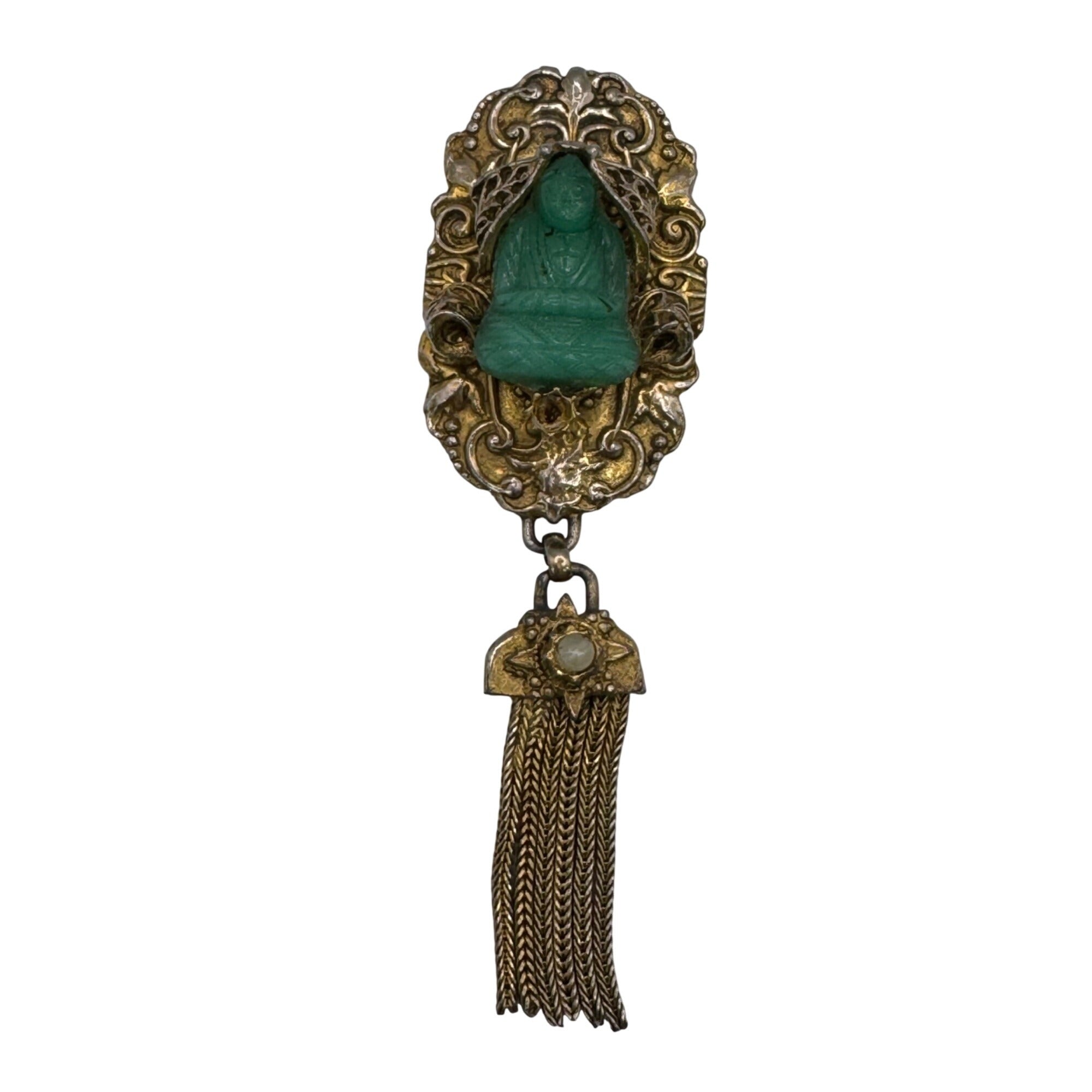 Vintage Gold-Tone Buddha Brooch Green Resin Jade Color Cabochon Dangling Tassels