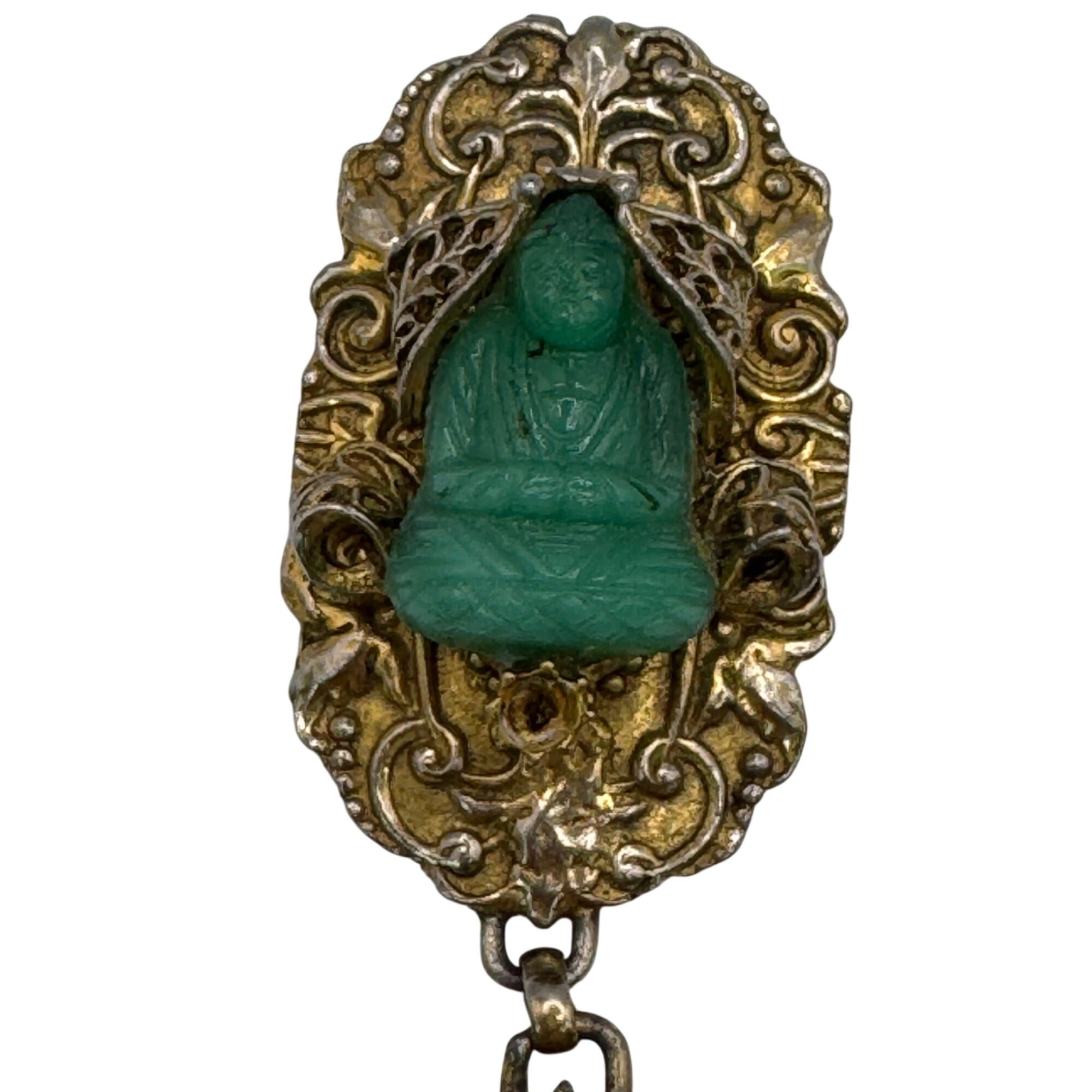 Vintage Gold-Tone Buddha Brooch Green Resin Jade Color Cabochon Dangling Tassels