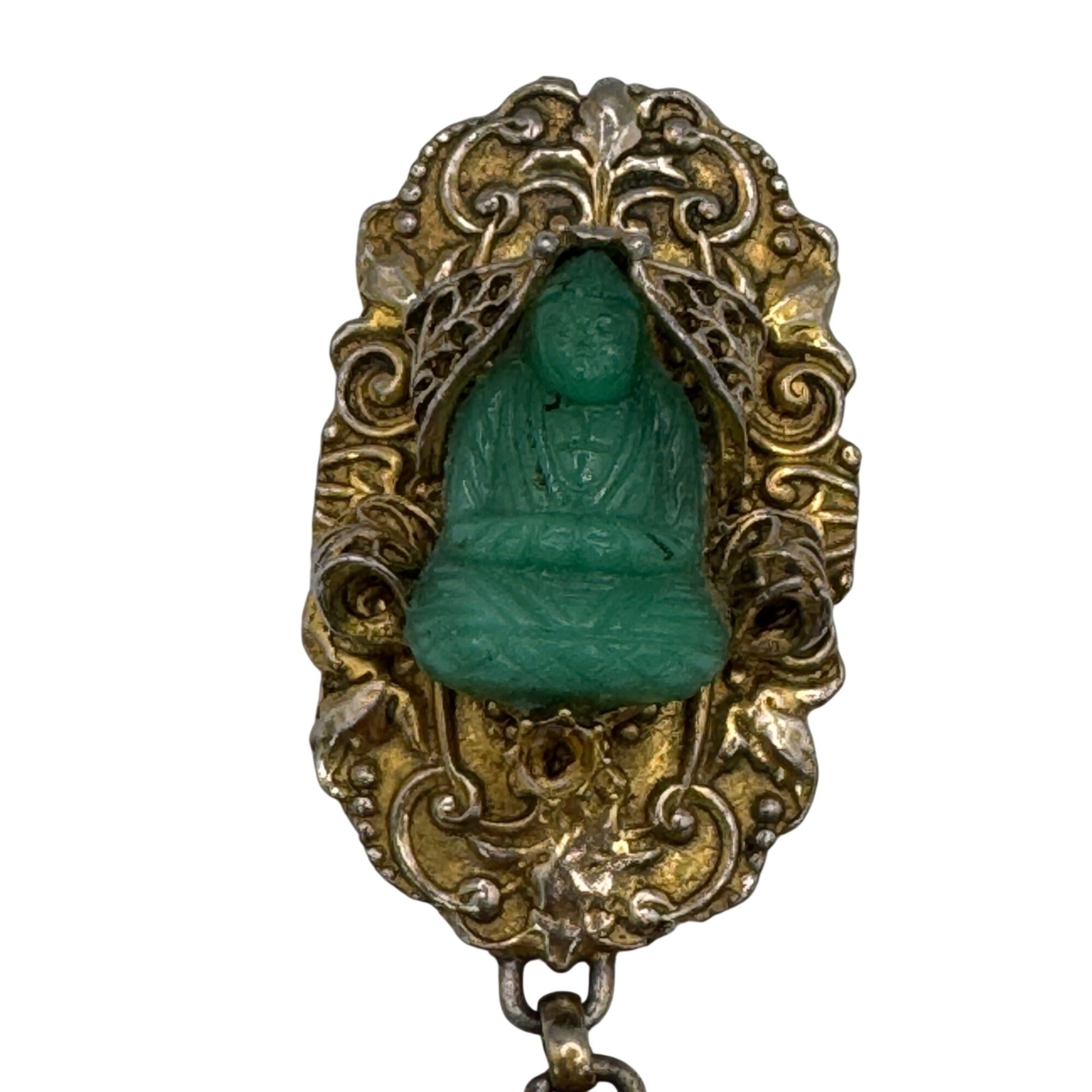 Vintage Gold-Tone Buddha Brooch Green Resin Jade Color Cabochon Dangling Tassels