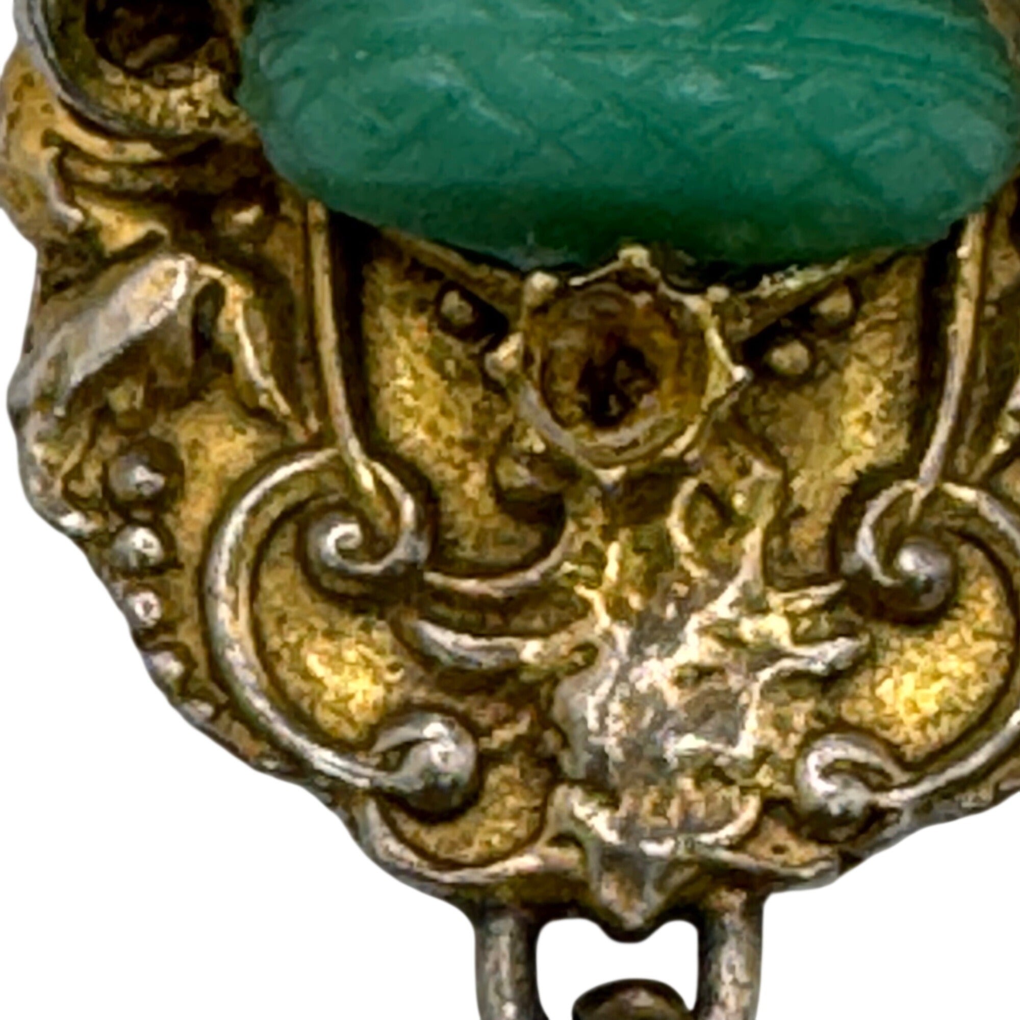 Vintage Gold-Tone Buddha Brooch Green Resin Jade Color Cabochon Dangling Tassels