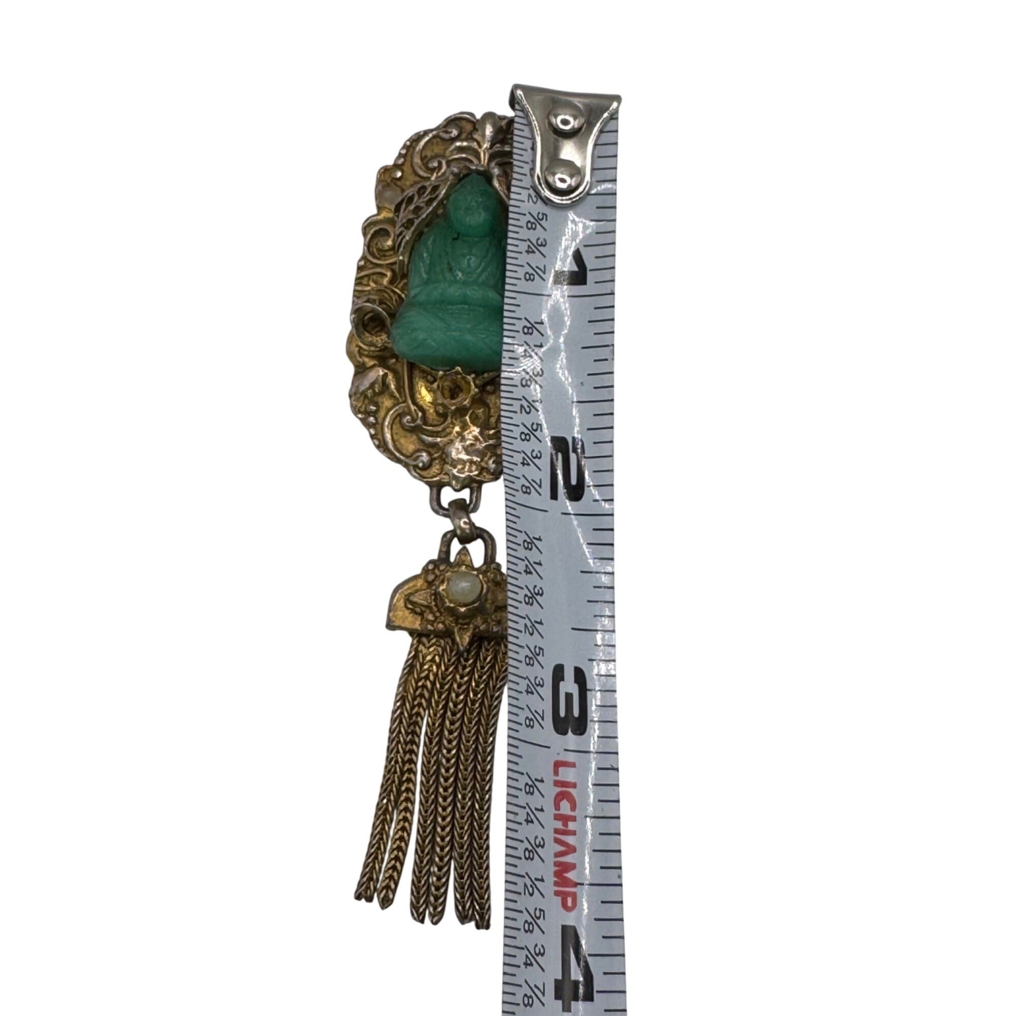 Vintage Gold-Tone Buddha Brooch Green Resin Jade Color Cabochon Dangling Tassels