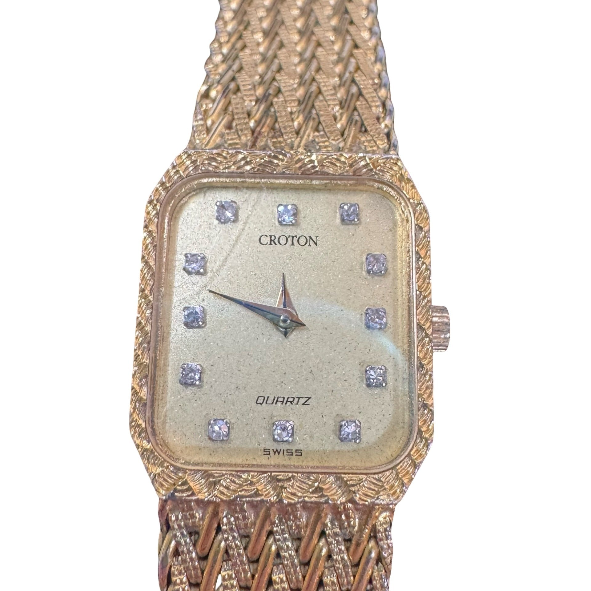Vintage Croton Swiss Quartz Womens Gold Tone Watch Rhinestones & Woven Band READ