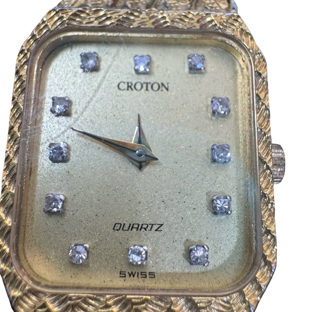 Vintage Croton Swiss Quartz Womens Gold Tone Watch Rhinestones & Woven Band READ