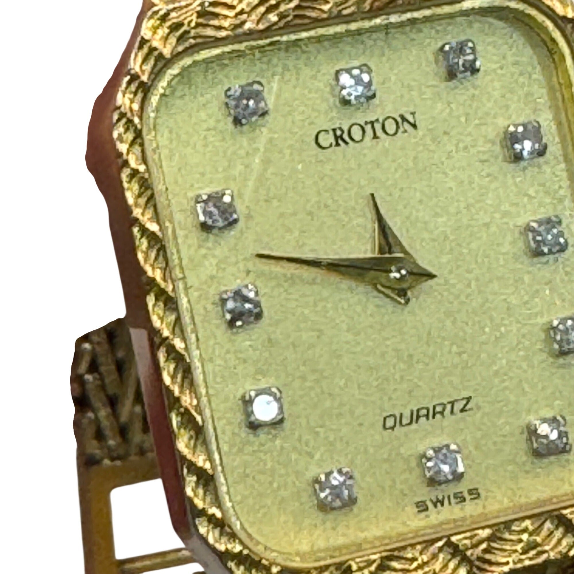Vintage Croton Swiss Quartz Womens Gold Tone Watch Rhinestones & Woven Band READ