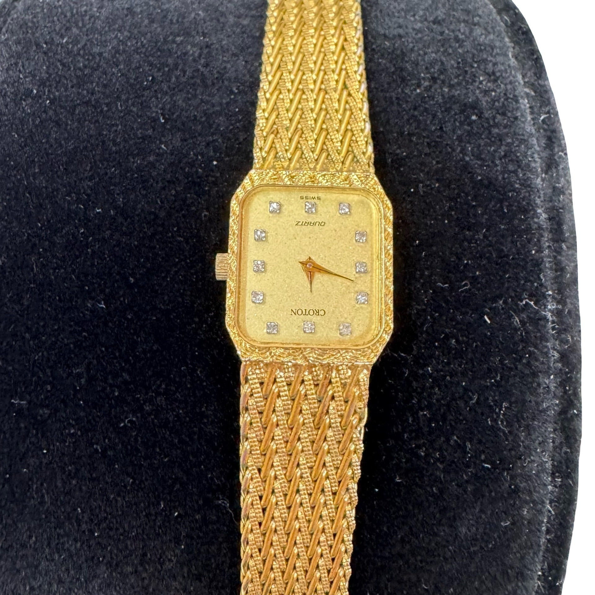 Vintage Croton Swiss Quartz Womens Gold Tone Watch Rhinestones & Woven Band READ