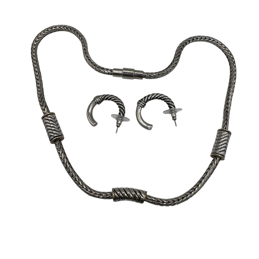 Brighton Silver-Tone Necklace Hoop Earrings Set Thick Twisted Original Heart Tin