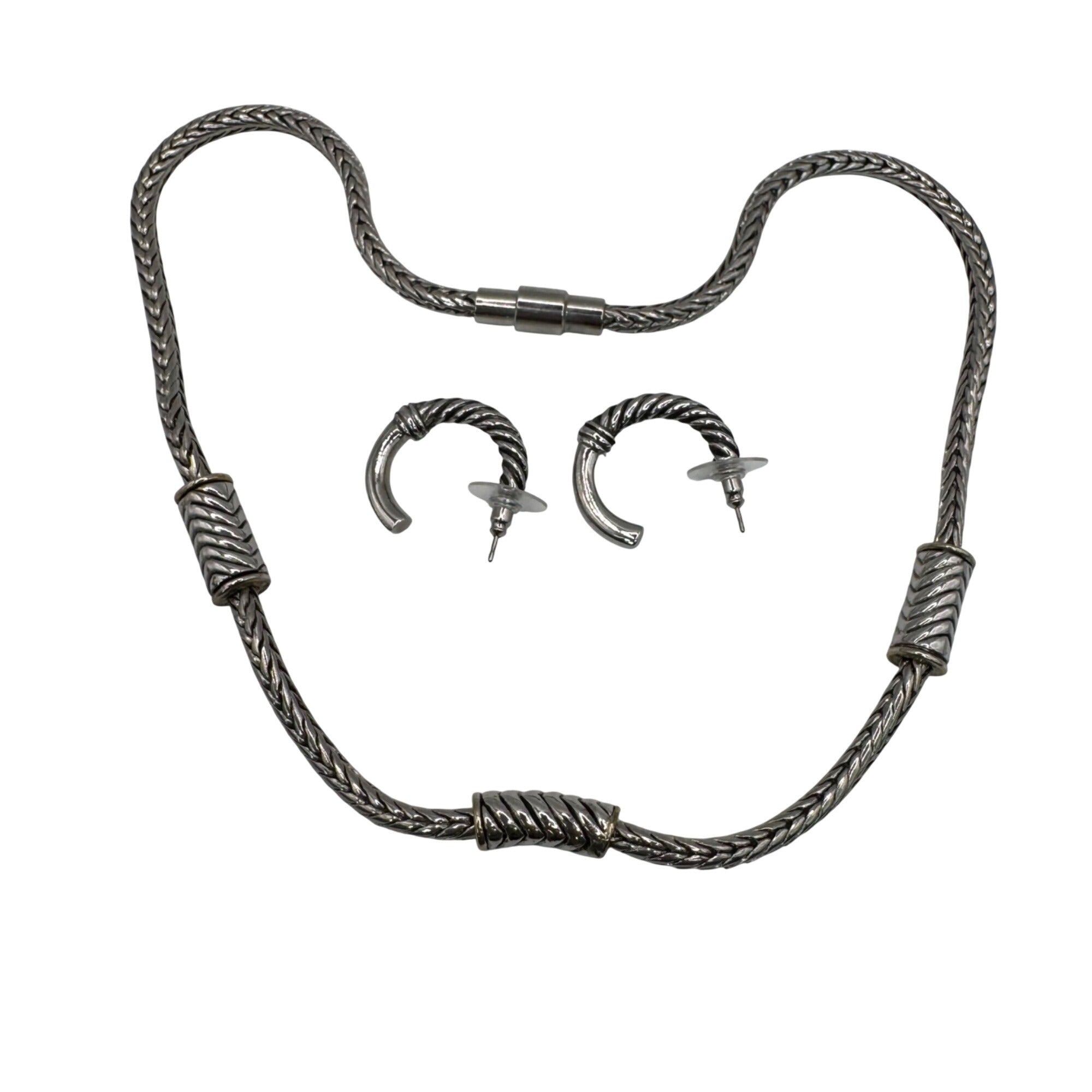Brighton Silver-Tone Necklace Hoop Earrings Set Thick Twisted Original Heart Tin