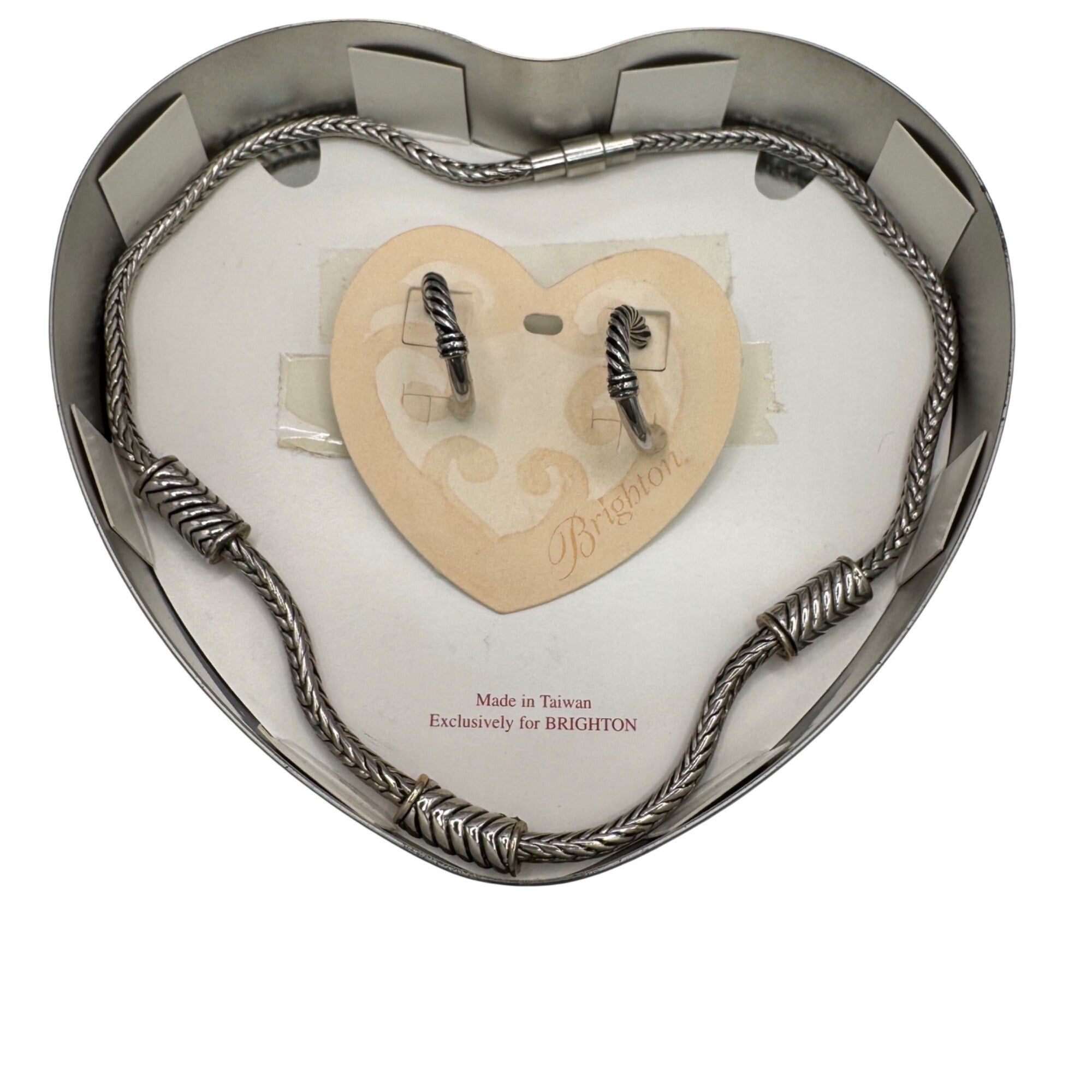 Brighton Silver-Tone Necklace Hoop Earrings Set Thick Twisted Original Heart Tin