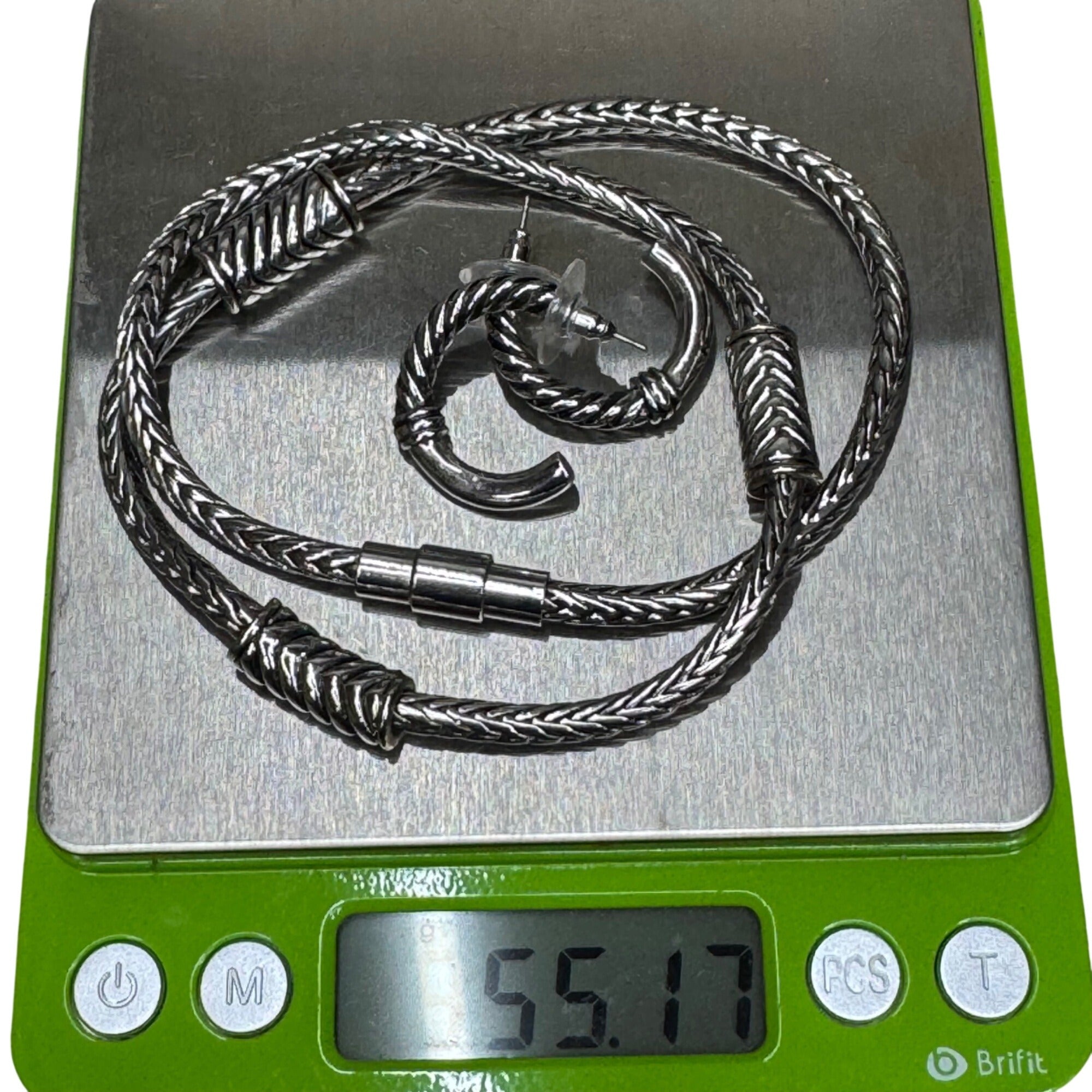 Brighton Silver-Tone Necklace Hoop Earrings Set Thick Twisted Original Heart Tin