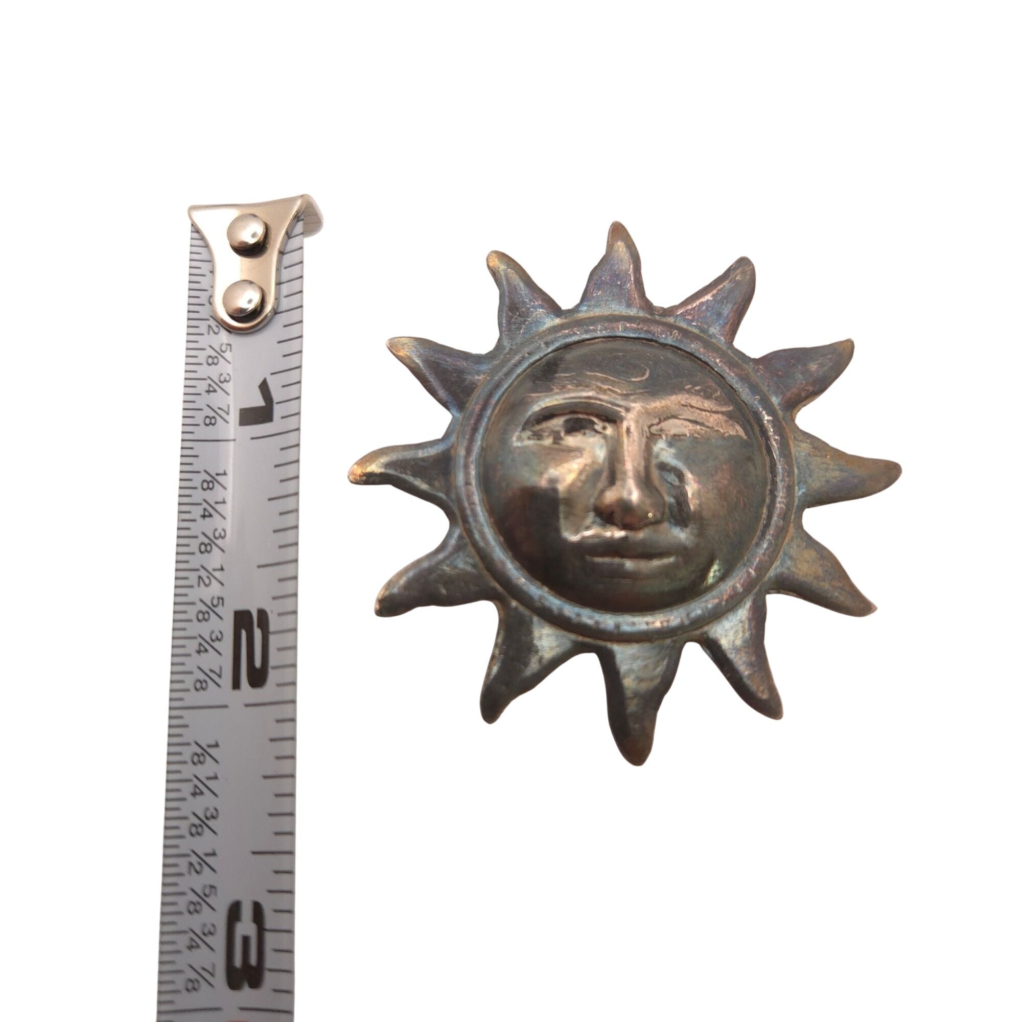 Vintage Taxco 925 Mexican Sterling Silver Sun Moon Face Smiling Pin Brooch 2.25"