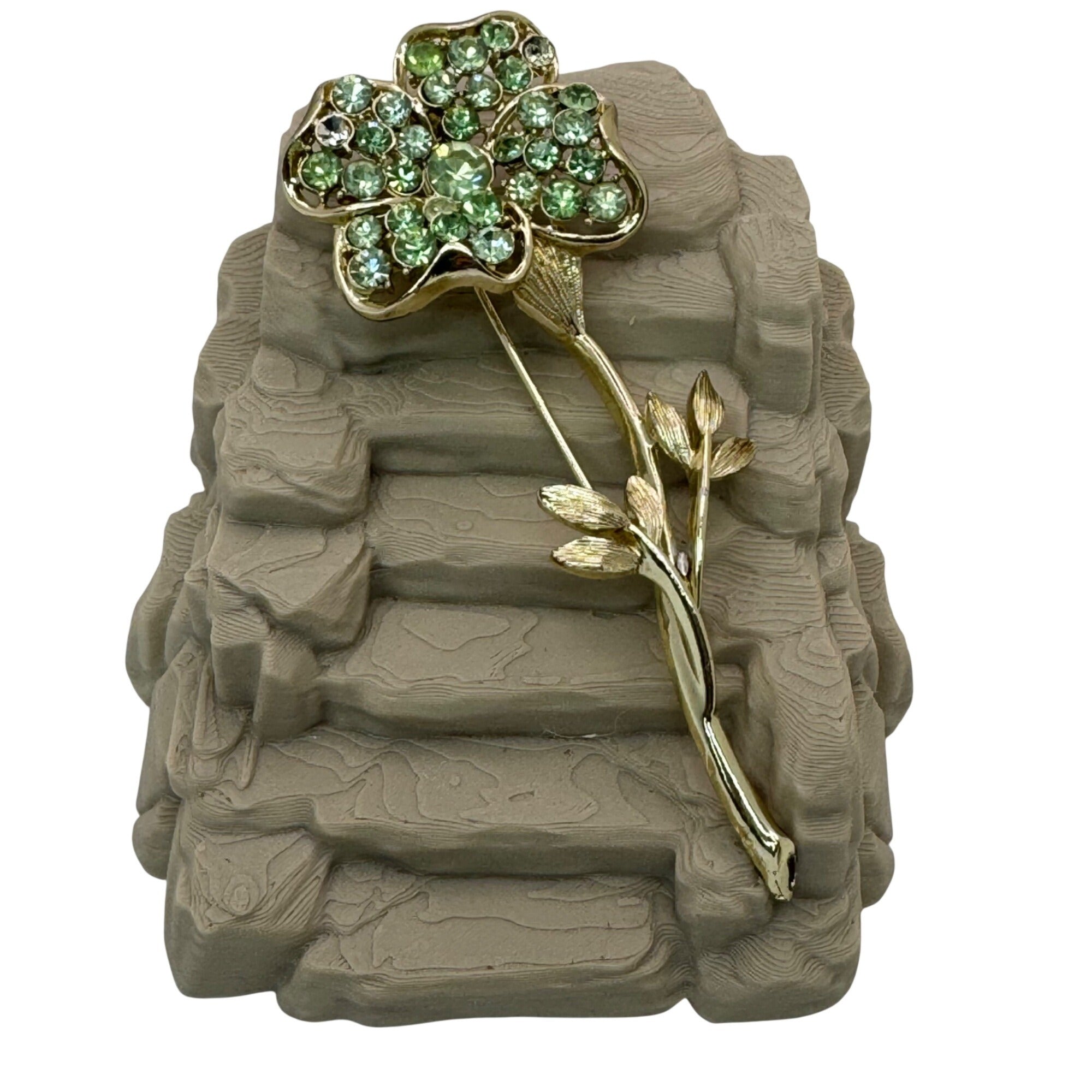 Coro Uranium Green Flower Rhinestone Clover Brooch Signed Coro Pin 4” Glows READ