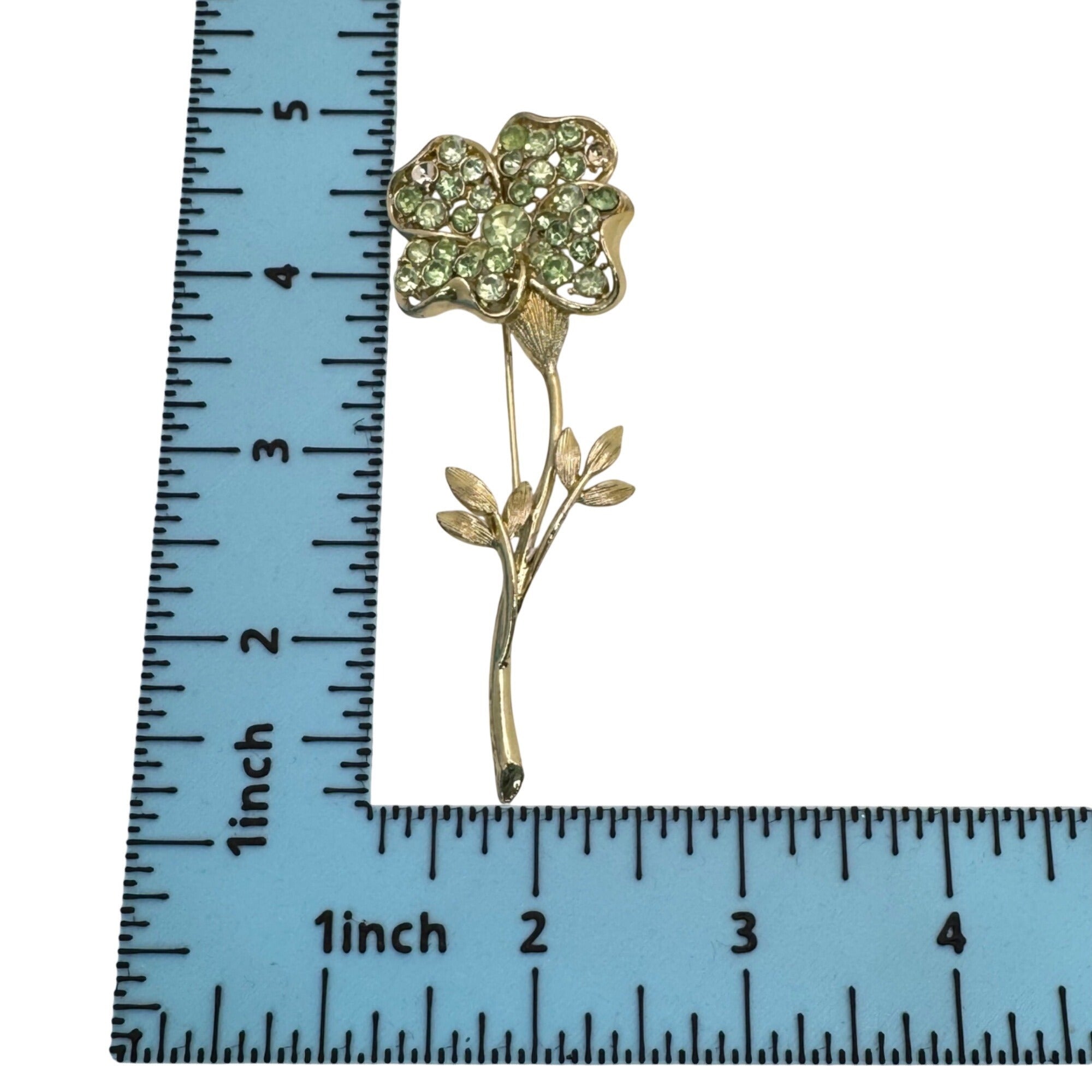 Coro Uranium Green Flower Rhinestone Clover Brooch Signed Coro Pin 4” Glows READ