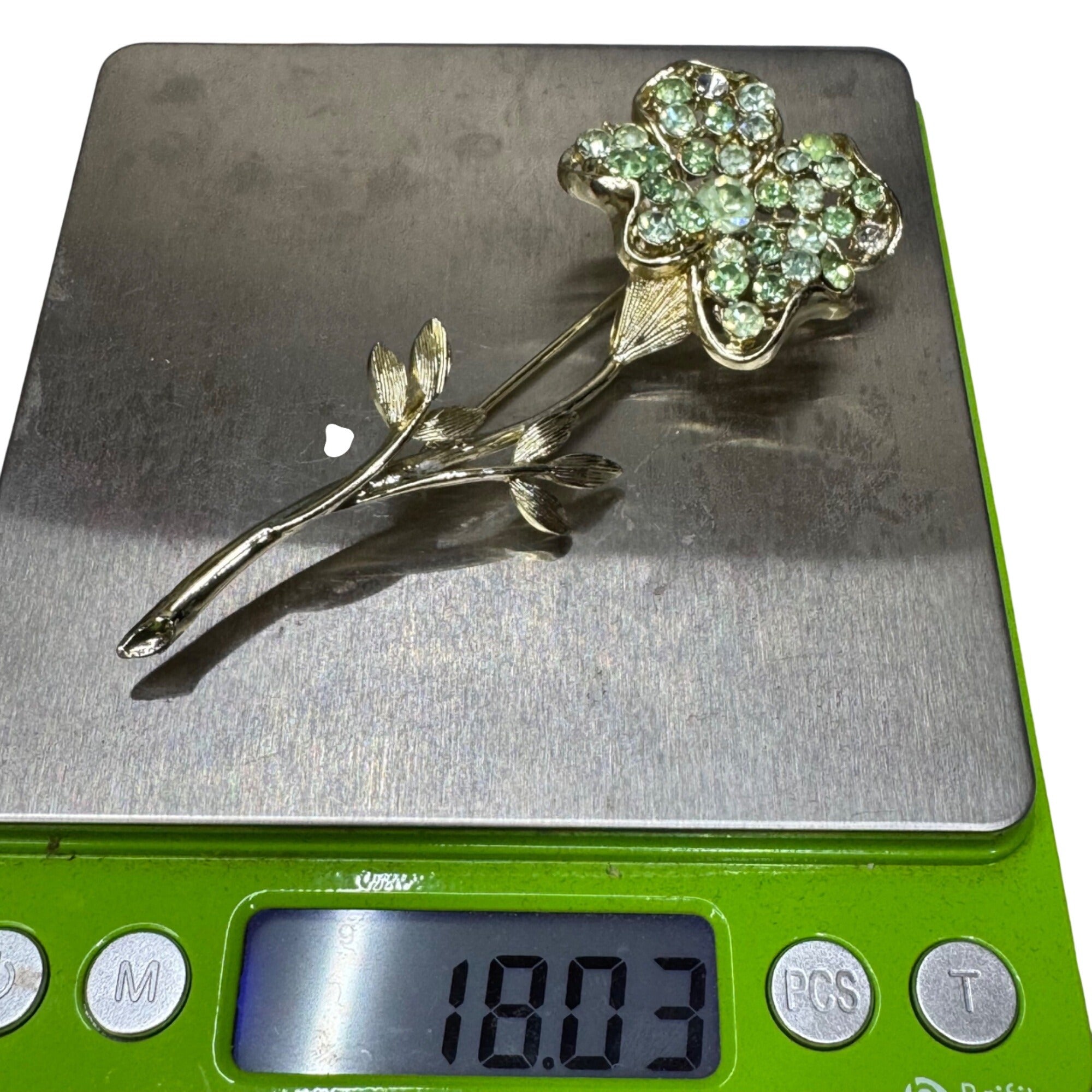 Coro Uranium Green Flower Rhinestone Clover Brooch Signed Coro Pin 4” Glows READ
