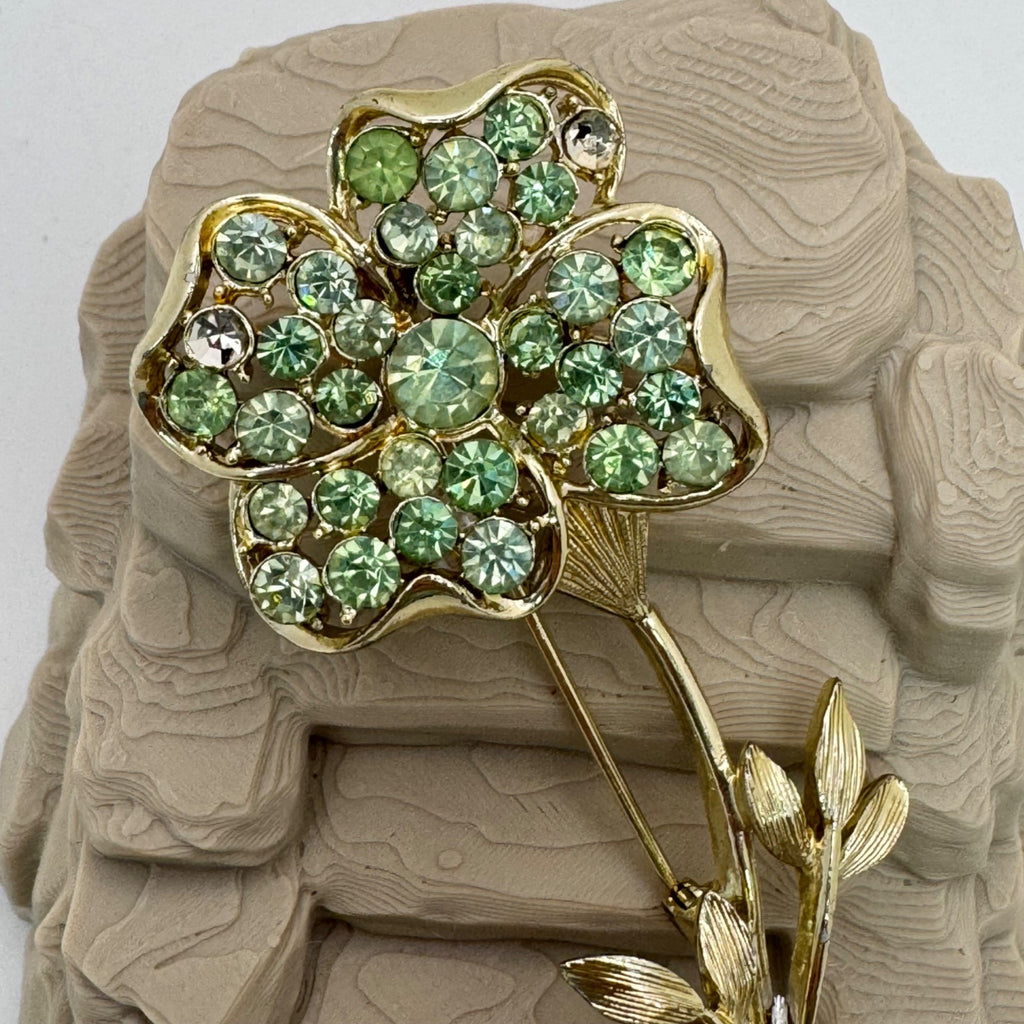 Coro Uranium Green Flower Rhinestone Clover Brooch Signed Coro Pin 4” Glows READ