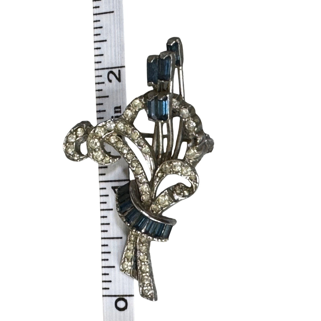 Vintage Mazer Rhinestone & Blue Baguette Floral Brooch Pin 2" Silver-Tone READ