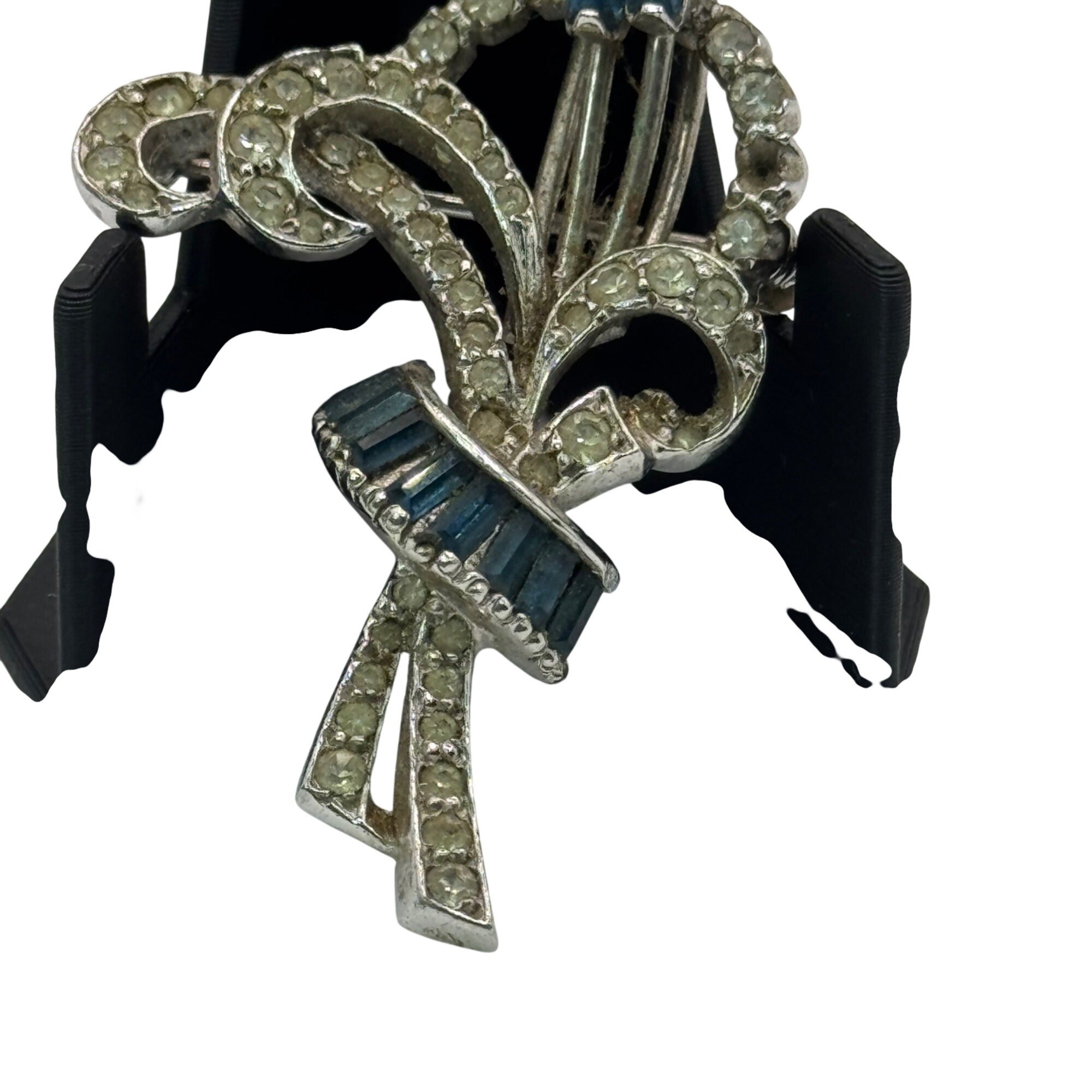 Vintage Mazer Rhinestone & Blue Baguette Floral Brooch Pin 2" Silver-Tone READ