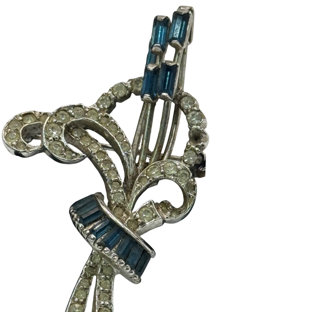 Vintage Mazer Rhinestone & Blue Baguette Floral Brooch Pin 2" Silver-Tone READ