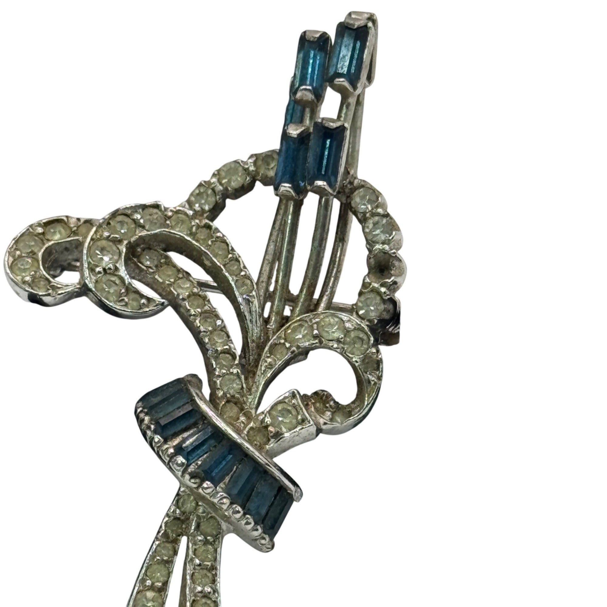 Vintage Mazer Rhinestone & Blue Baguette Floral Brooch Pin 2" Silver-Tone READ