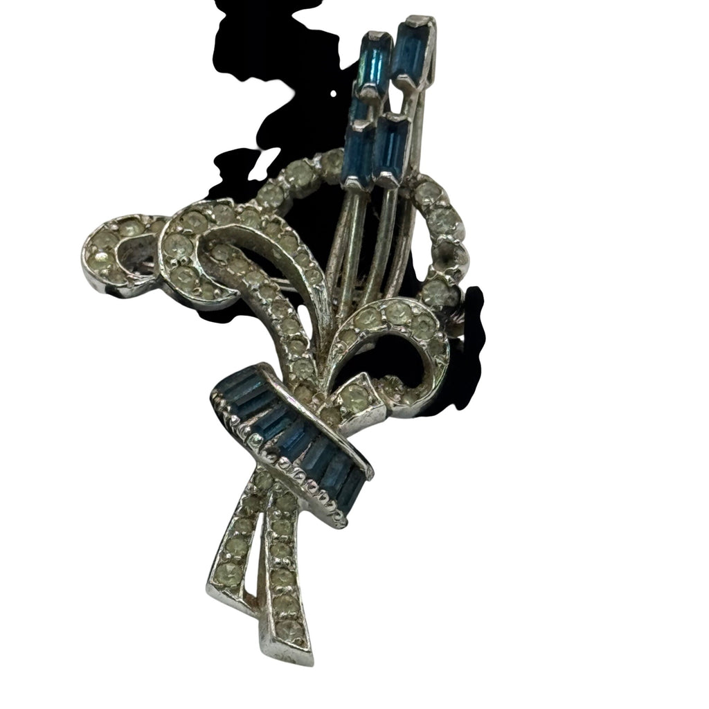 Vintage Mazer Rhinestone & Blue Baguette Floral Brooch Pin 2" Silver-Tone READ