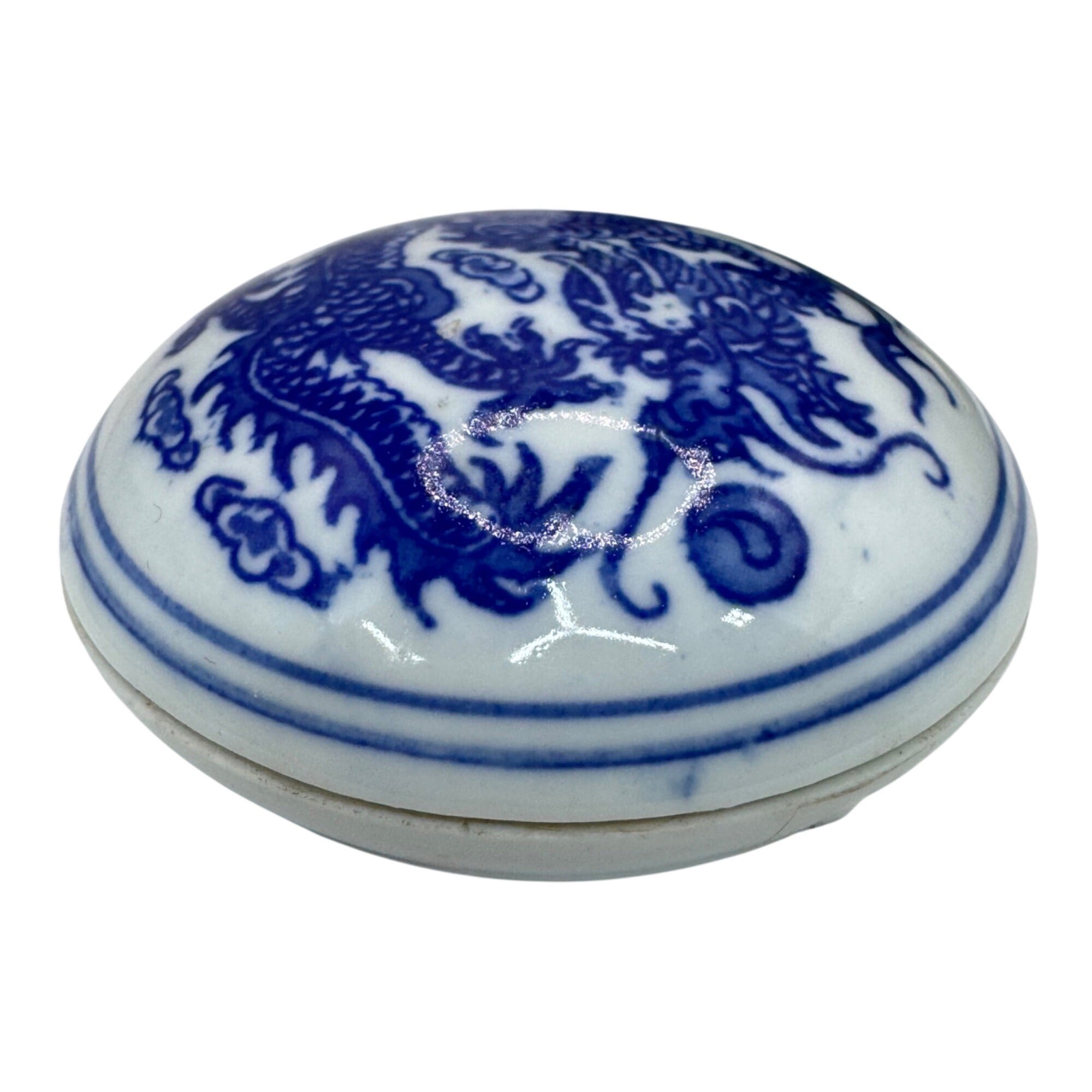 Vintage Blue & White Porcelain Dragon Inkstone Ink Red Seal Box Silk Lined Box