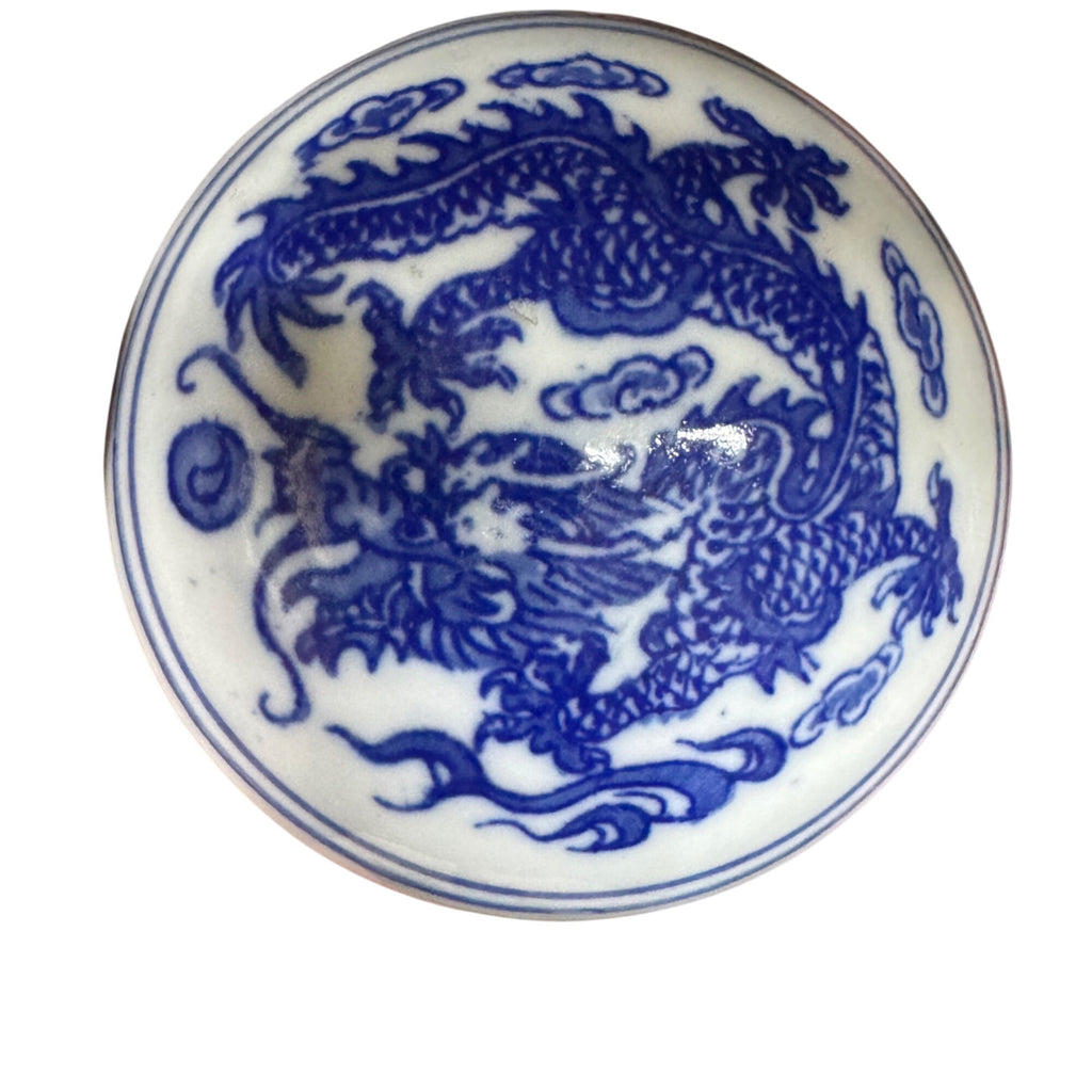 Vintage Blue & White Porcelain Dragon Inkstone Ink Red Seal Box Silk Lined Box