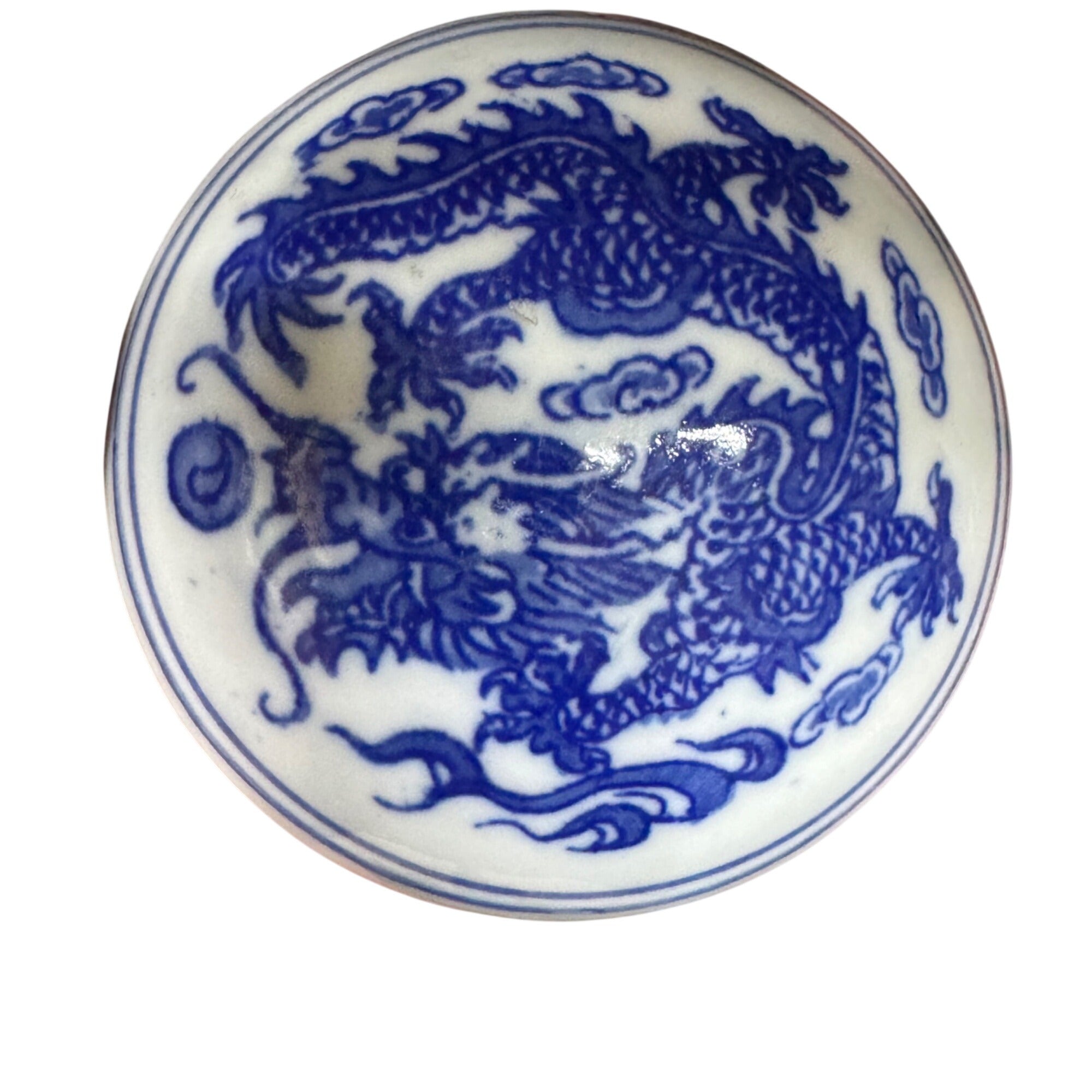 Vintage Blue & White Porcelain Dragon Inkstone Ink Red Seal Box Silk Lined Box