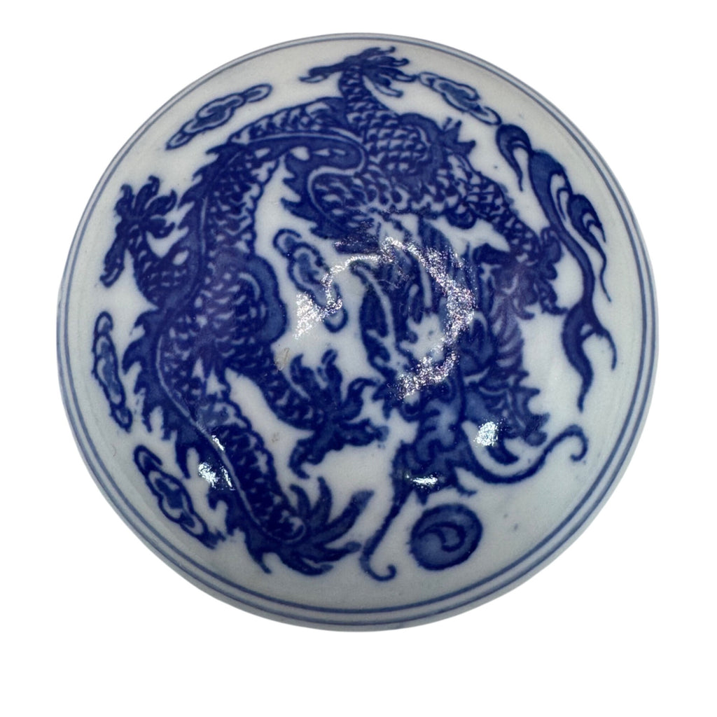Vintage Blue & White Porcelain Dragon Inkstone Ink Red Seal Box Silk Lined Box