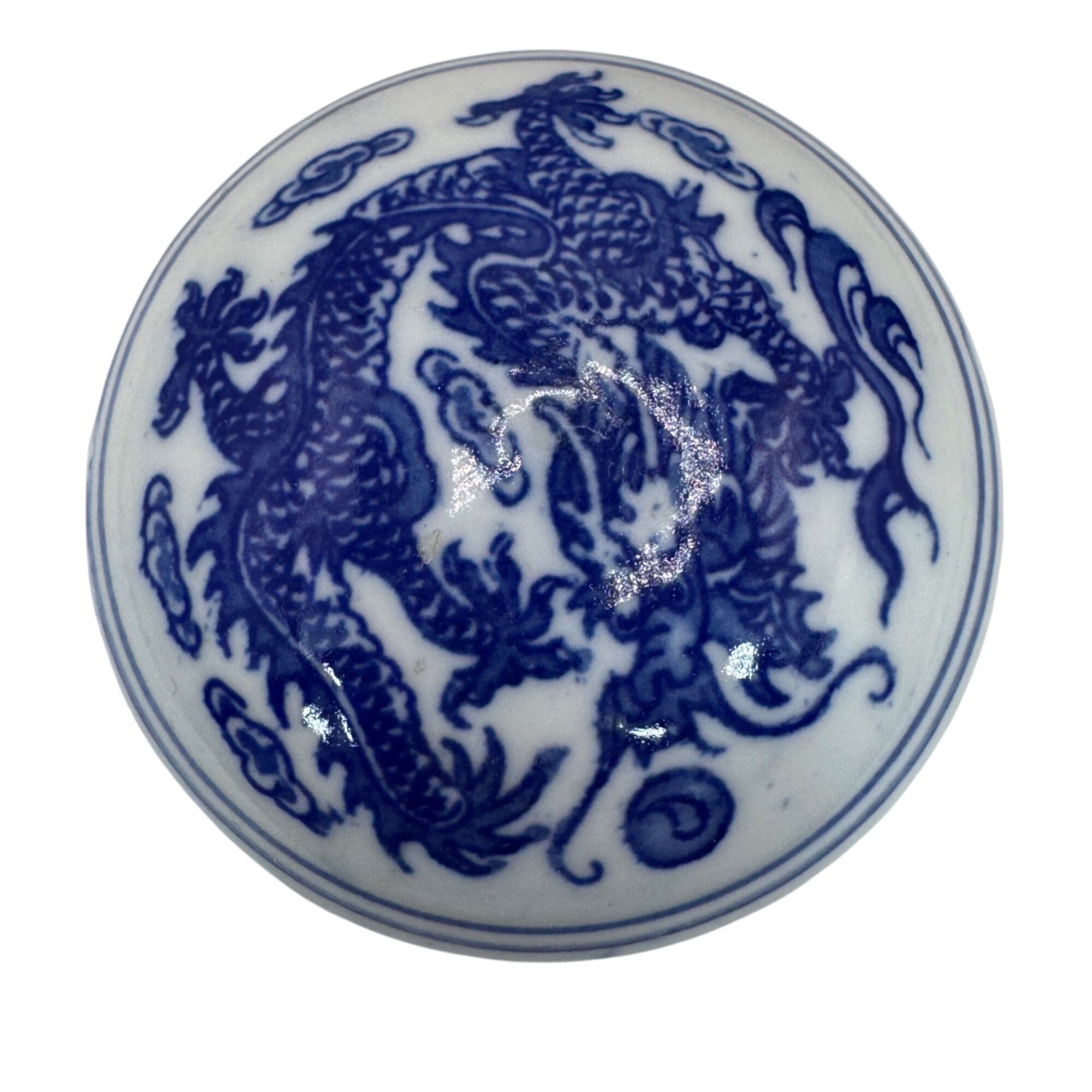 Vintage Blue & White Porcelain Dragon Inkstone Ink Red Seal Box Silk Lined Box