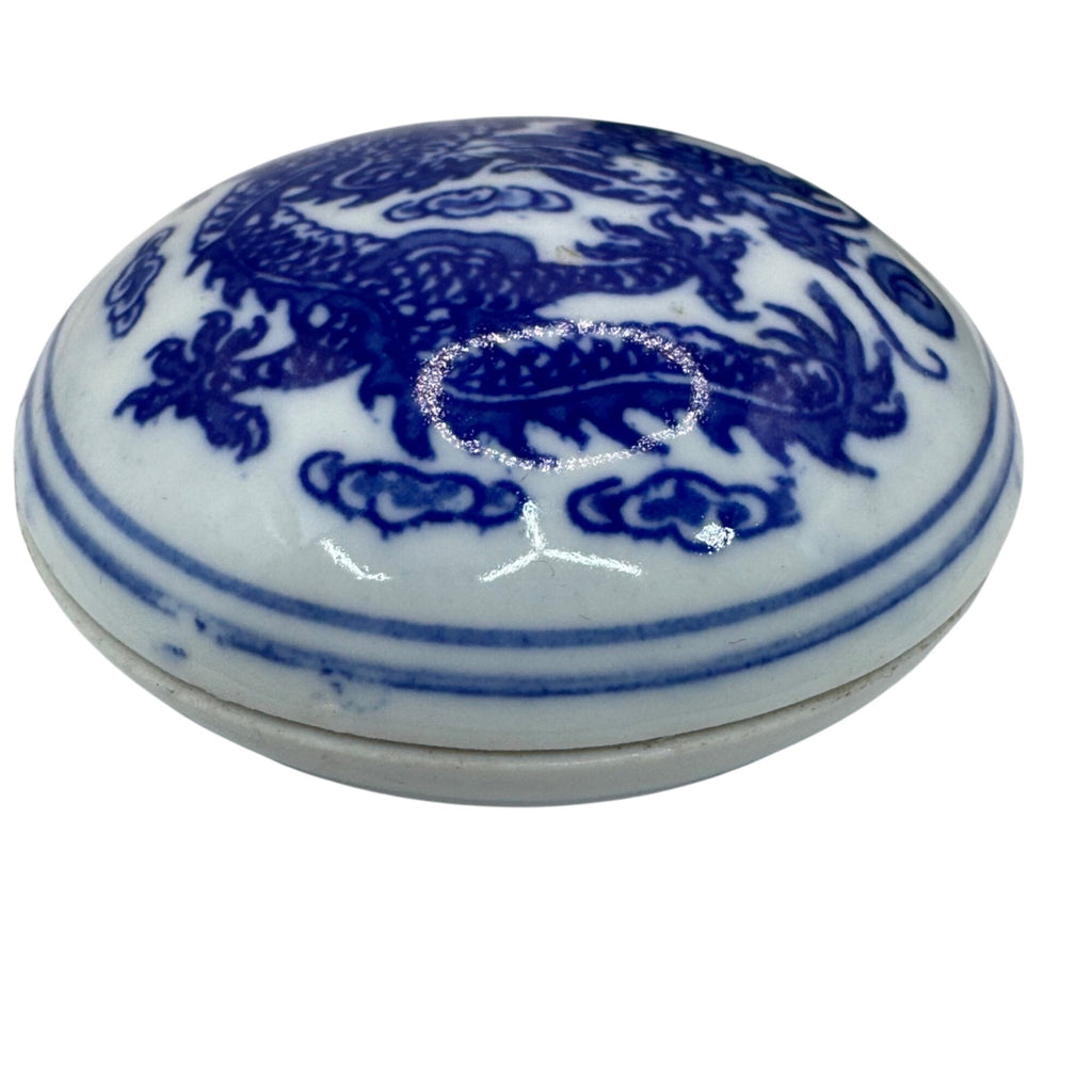 Vintage Blue & White Porcelain Dragon Inkstone Ink Red Seal Box Silk Lined Box