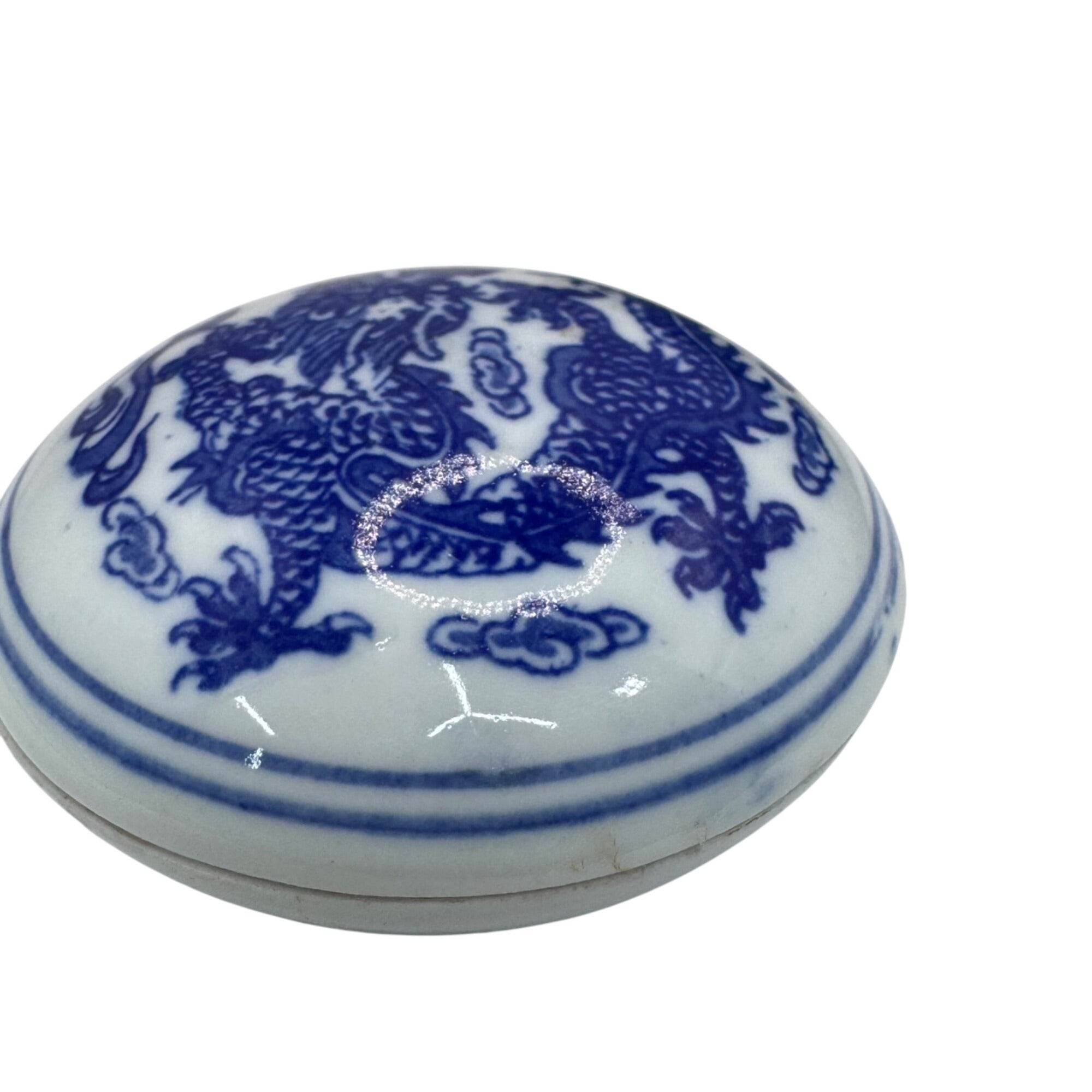 Vintage Blue & White Porcelain Dragon Inkstone Ink Red Seal Box Silk Lined Box