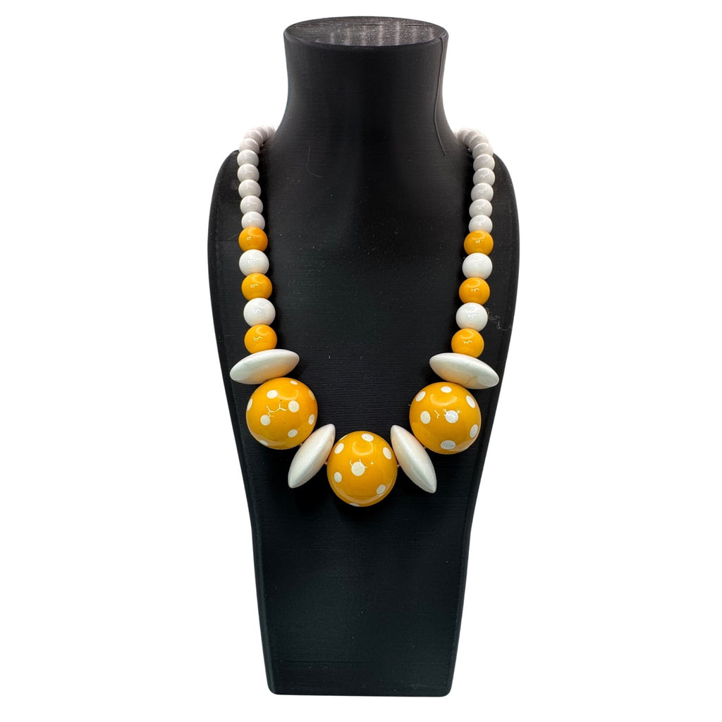 Vintage Yellow & White Polka Dot Beaded Necklace 24” Retro Lucite Jewelry Boho