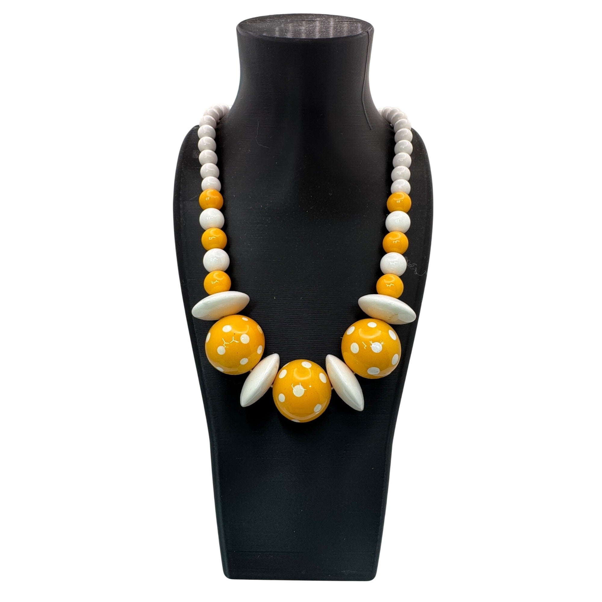 Vintage Yellow & White Polka Dot Beaded Necklace 24” Retro Lucite Jewelry Boho