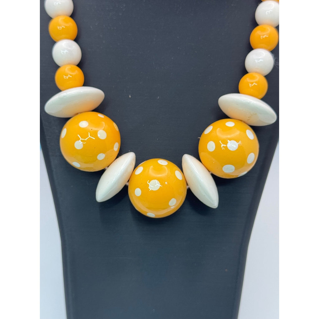 Vintage Yellow & White Polka Dot Beaded Necklace 24” Retro Lucite Jewelry Boho