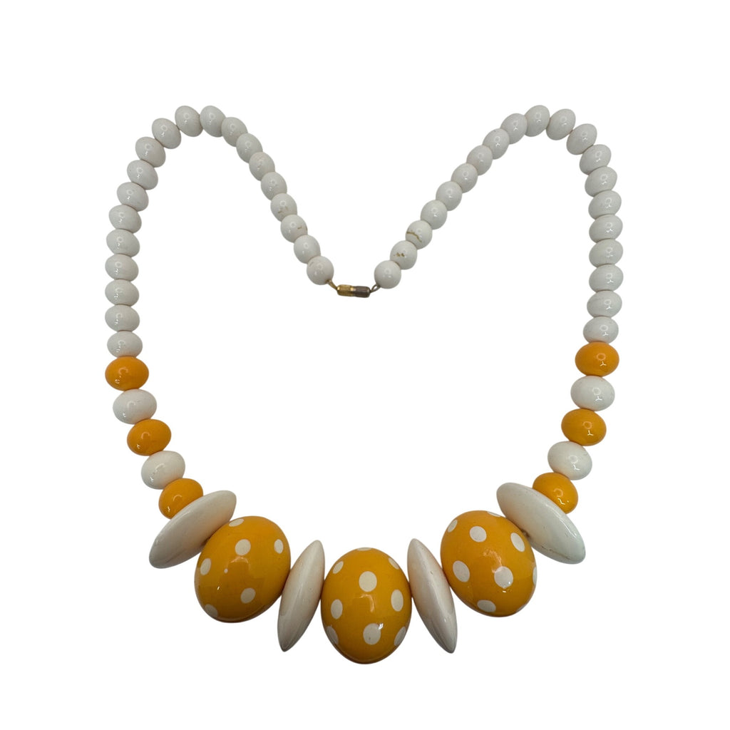 Vintage Yellow & White Polka Dot Beaded Necklace 24” Retro Lucite Jewelry Boho