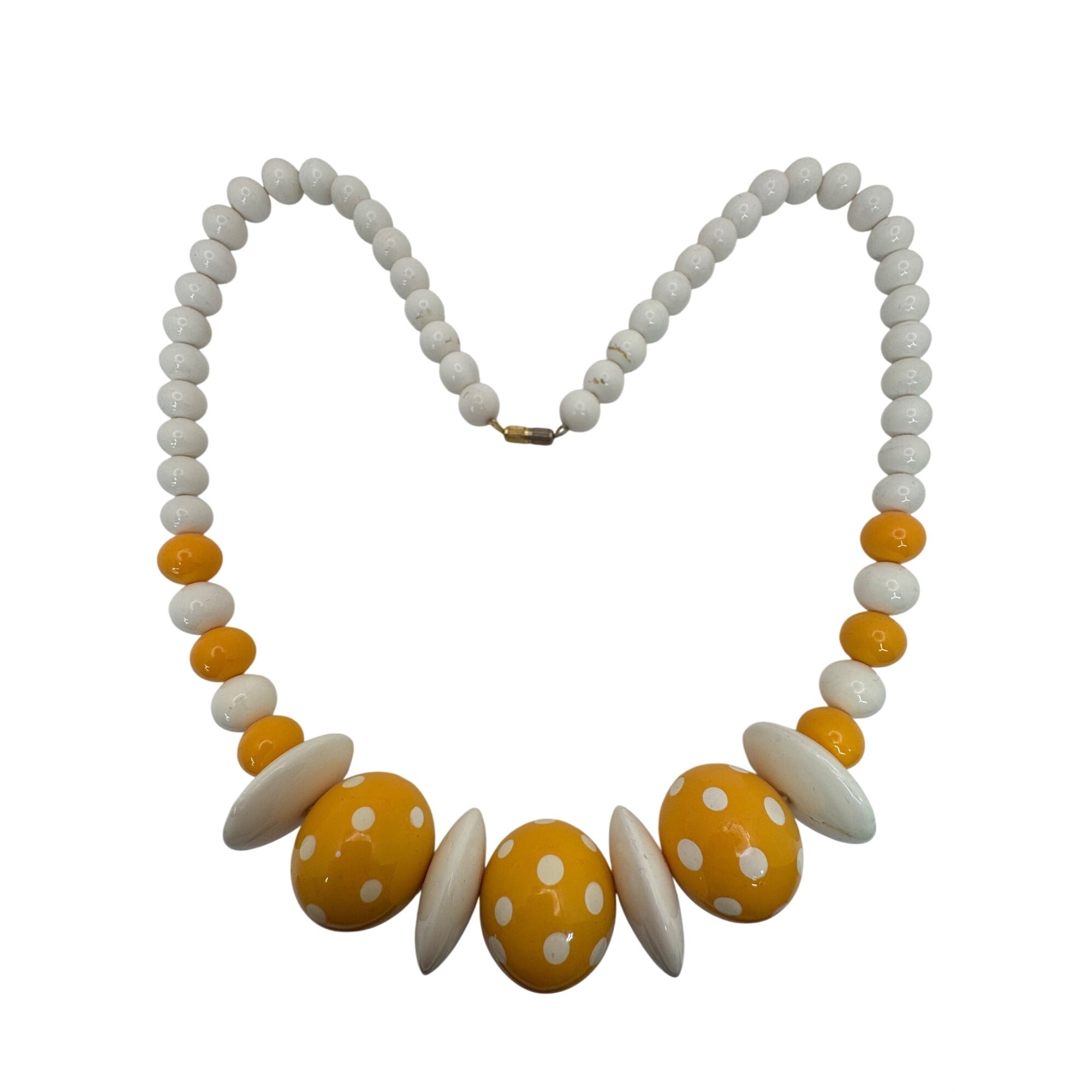 Vintage Yellow & White Polka Dot Beaded Necklace 24” Retro Lucite Jewelry Boho