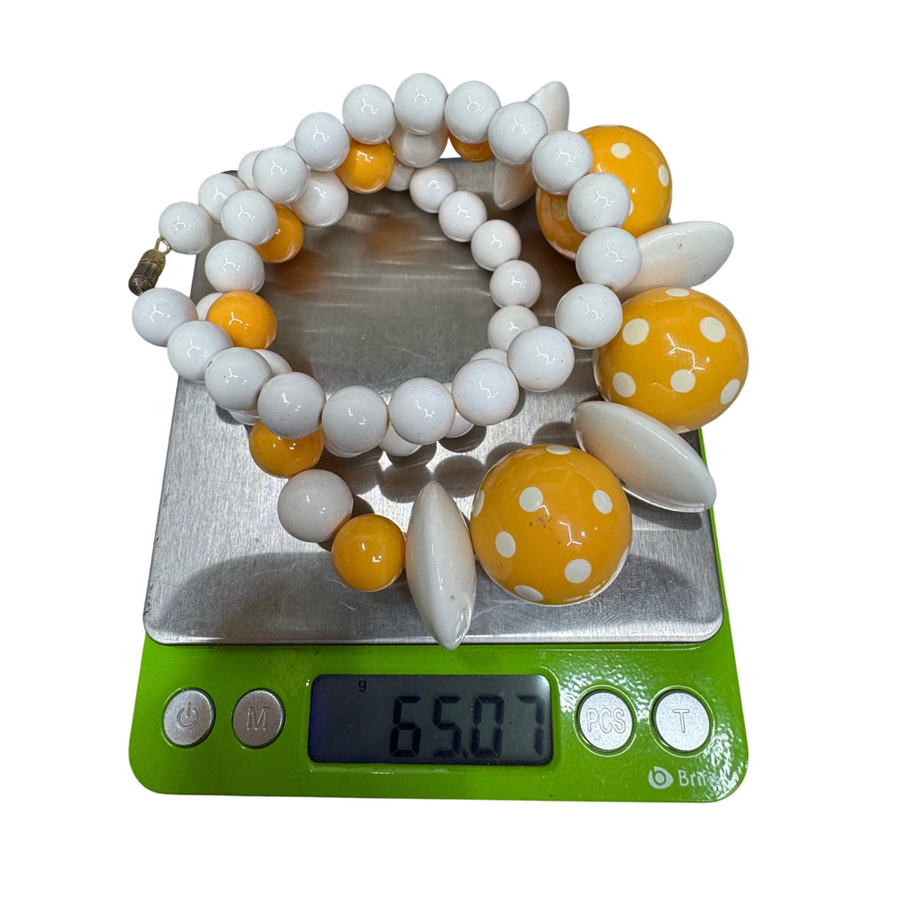Vintage Yellow & White Polka Dot Beaded Necklace 24” Retro Lucite Jewelry Boho