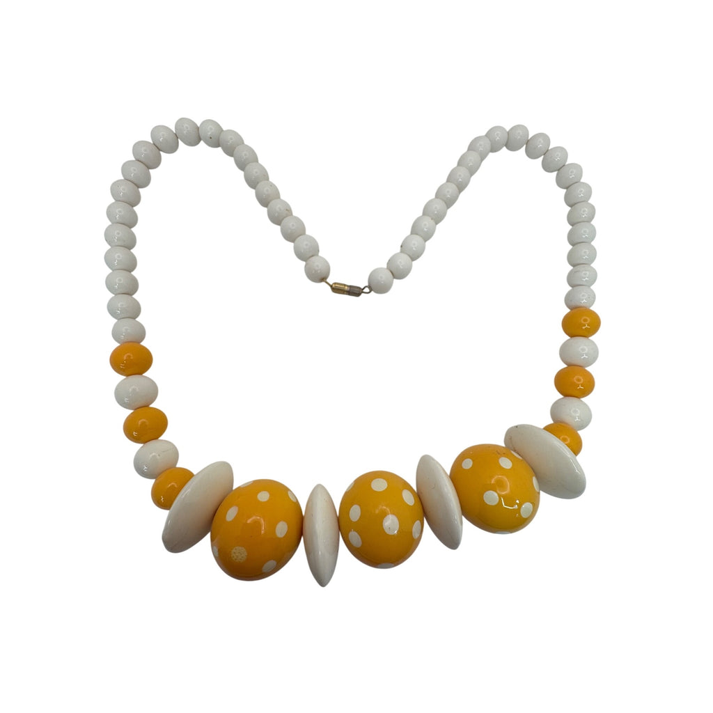 Vintage Yellow & White Polka Dot Beaded Necklace 24” Retro Lucite Jewelry Boho