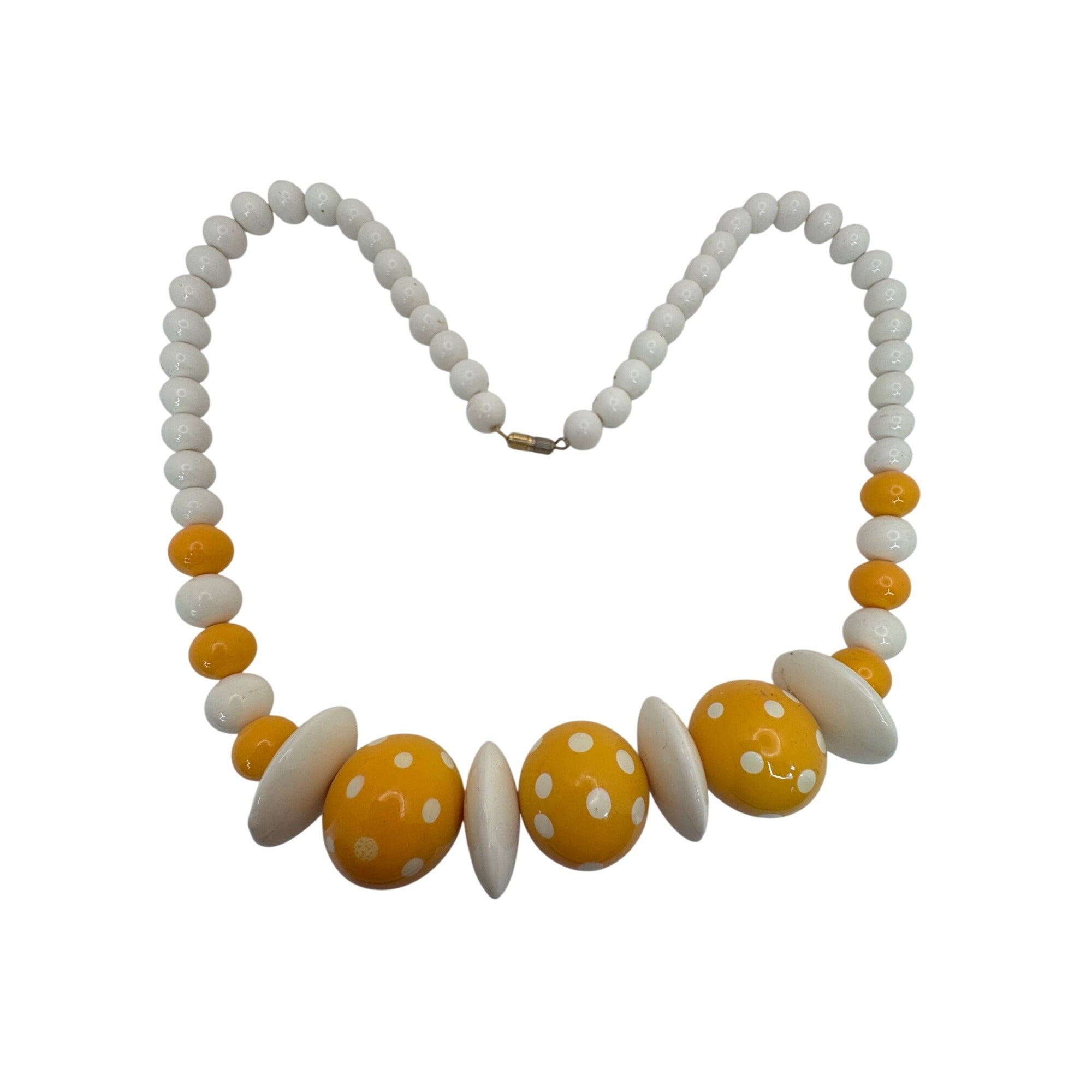 Vintage Yellow & White Polka Dot Beaded Necklace 24” Retro Lucite Jewelry Boho