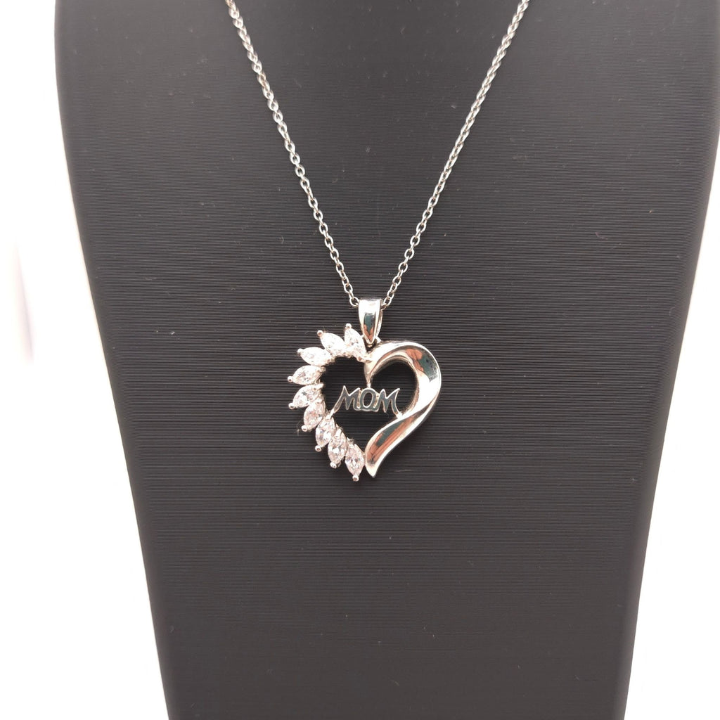Sterling Silver Heart Pendant Necklace Mom CZ Accents 18" Sterling Chain Gift