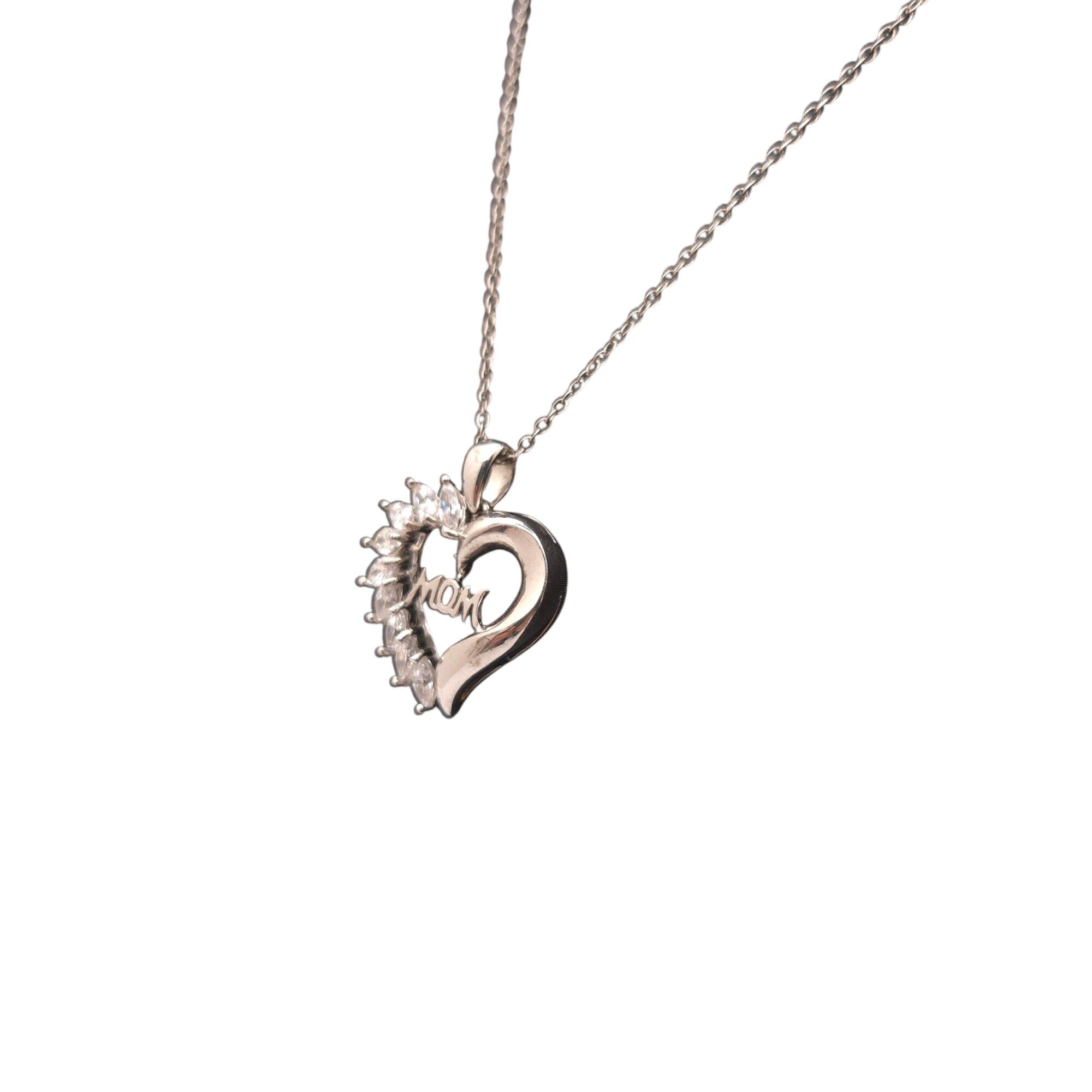 Sterling Silver Heart Pendant Necklace Mom CZ Accents 18" Sterling Chain Gift