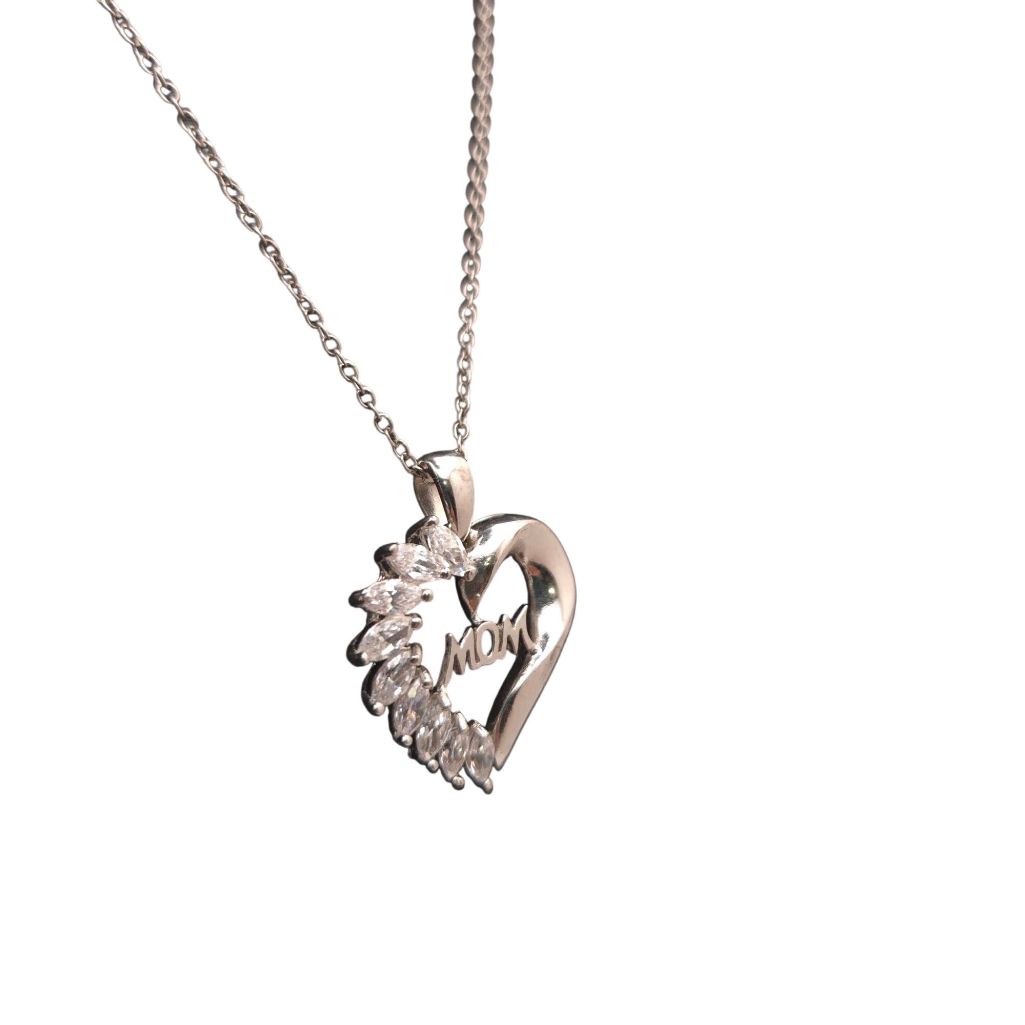 Sterling Silver Heart Pendant Necklace Mom CZ Accents 18" Sterling Chain Gift