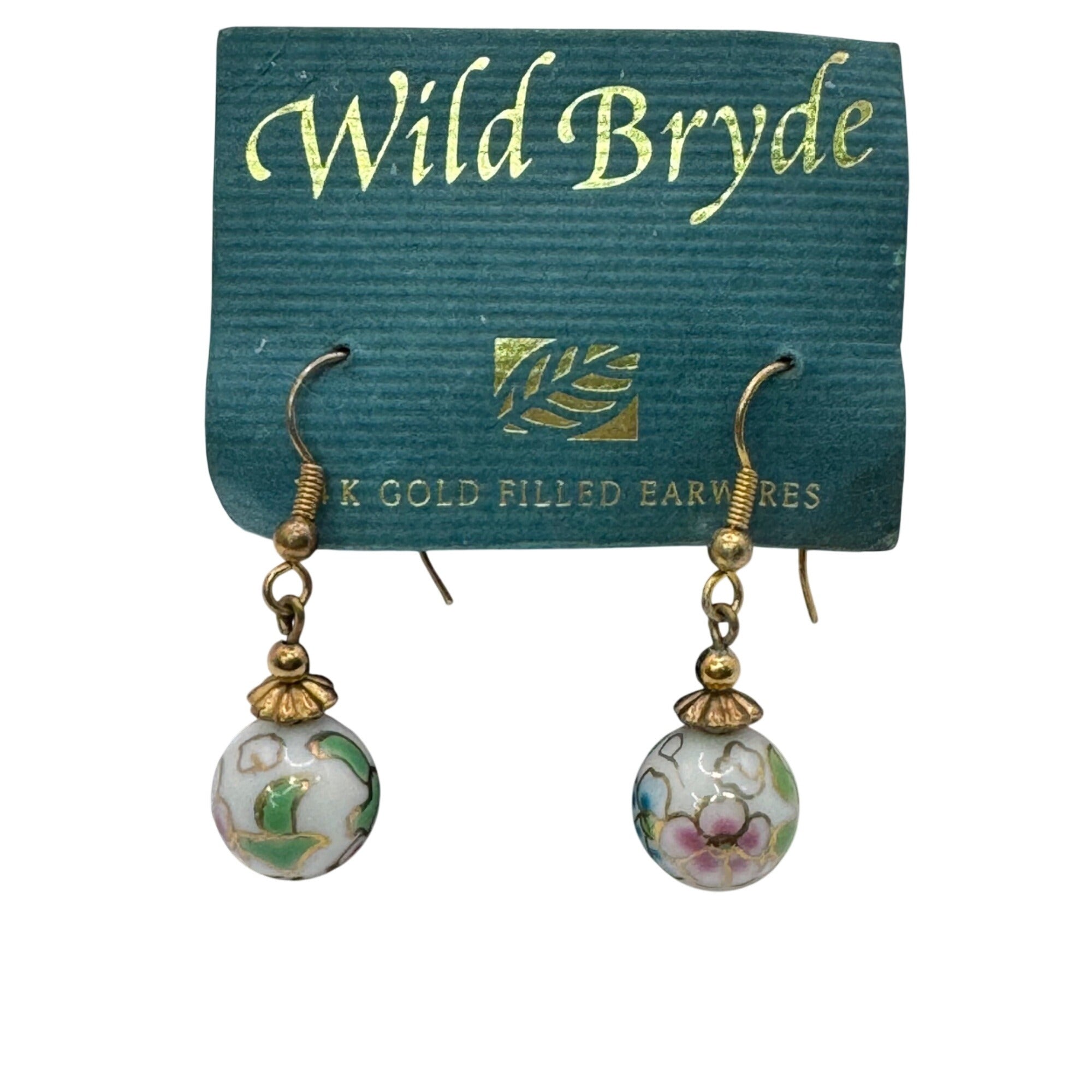 Wild Bryde 14K Gold Filled Cloisonné Dangle Earrings Floral Design Pink Green