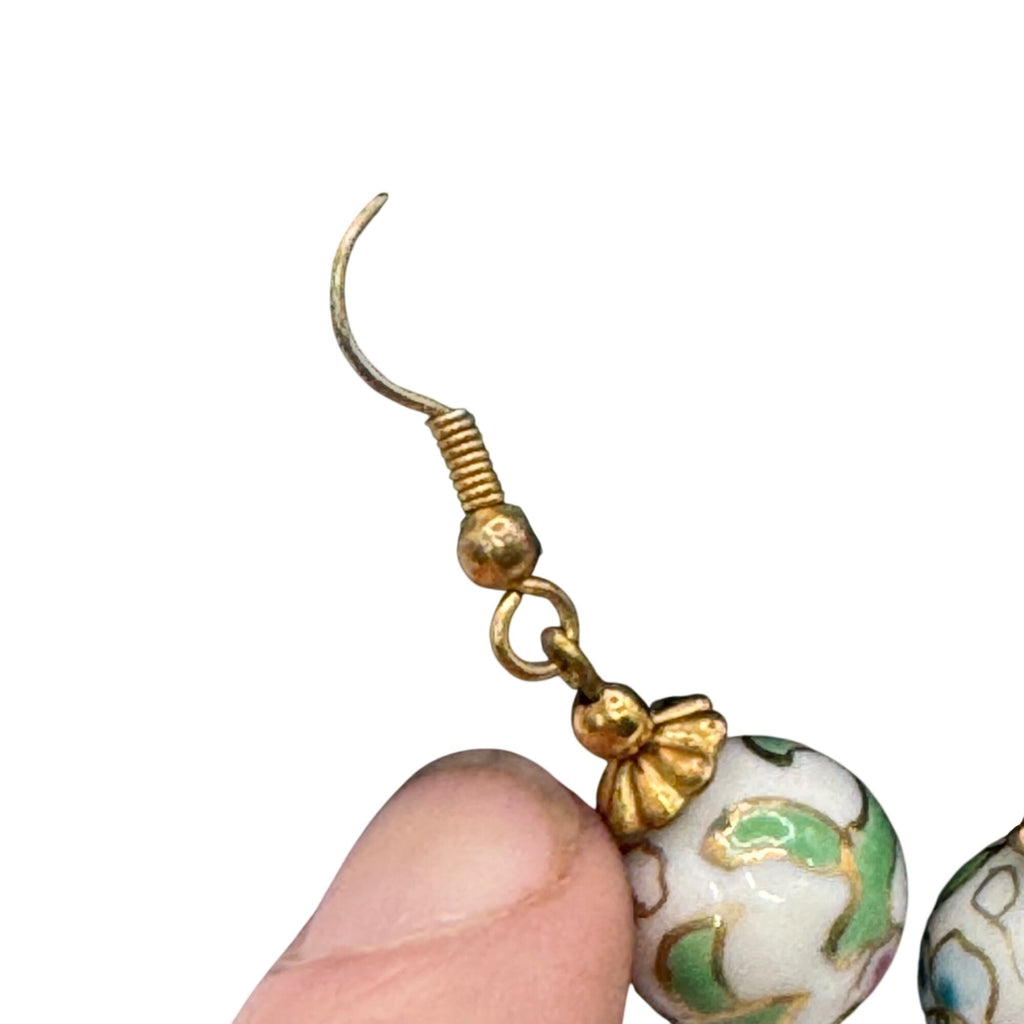 Wild Bryde 14K Gold Filled Cloisonné Dangle Earrings Floral Design Pink Green